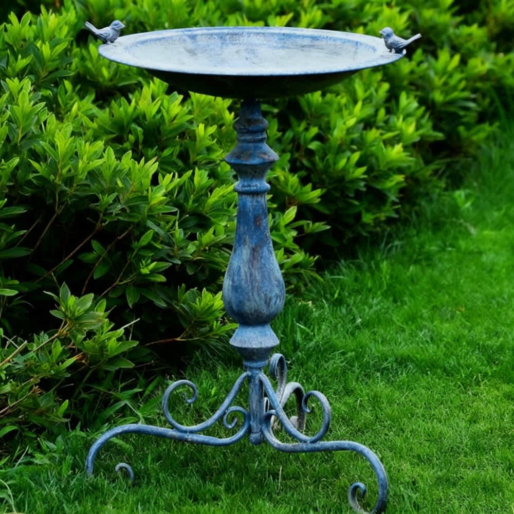 Aoibox  27.25 Inch Blue Metal Pedestal Bird Bath with Cast Iron Birds on Rim Versatile Outdoor Birdbath or Flower Pot for Garden or Patio 1 Piece