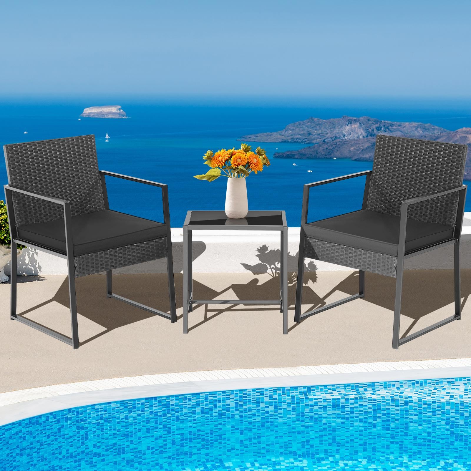 BABOOM BOM-HW70645-CO 3 -Piece Rattan Patio Conversation Set with Black Cushions