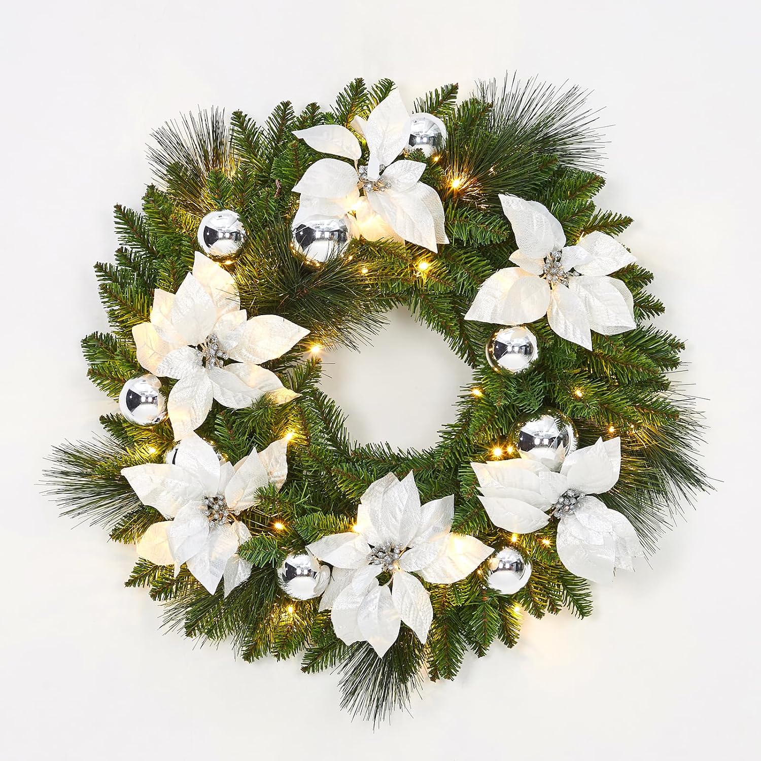 GAOMON 24 Inch Pre-Lit Silver Christmas Wreath with 50 LED Lights- Frosted Pinecones and Berries- Artificial Winter Greenery Decor for Indoor Outdoor Front Door Holiday Xmas Party