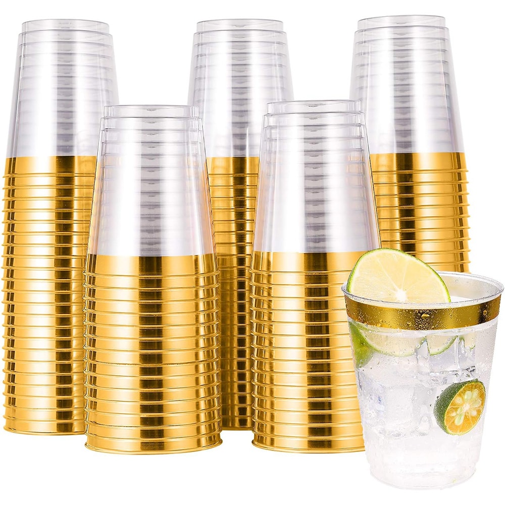 Wellife WELLIFE 300 Pack Gold Plastic Cups 10 Oz Clear Cup Gold Rimmed Disposable Wine Glasses Fancy Disposable Party Cups Tumblers Drinking Cup Plastic Cocktail Glasses Gold Disposable Cups for Party and Wedding