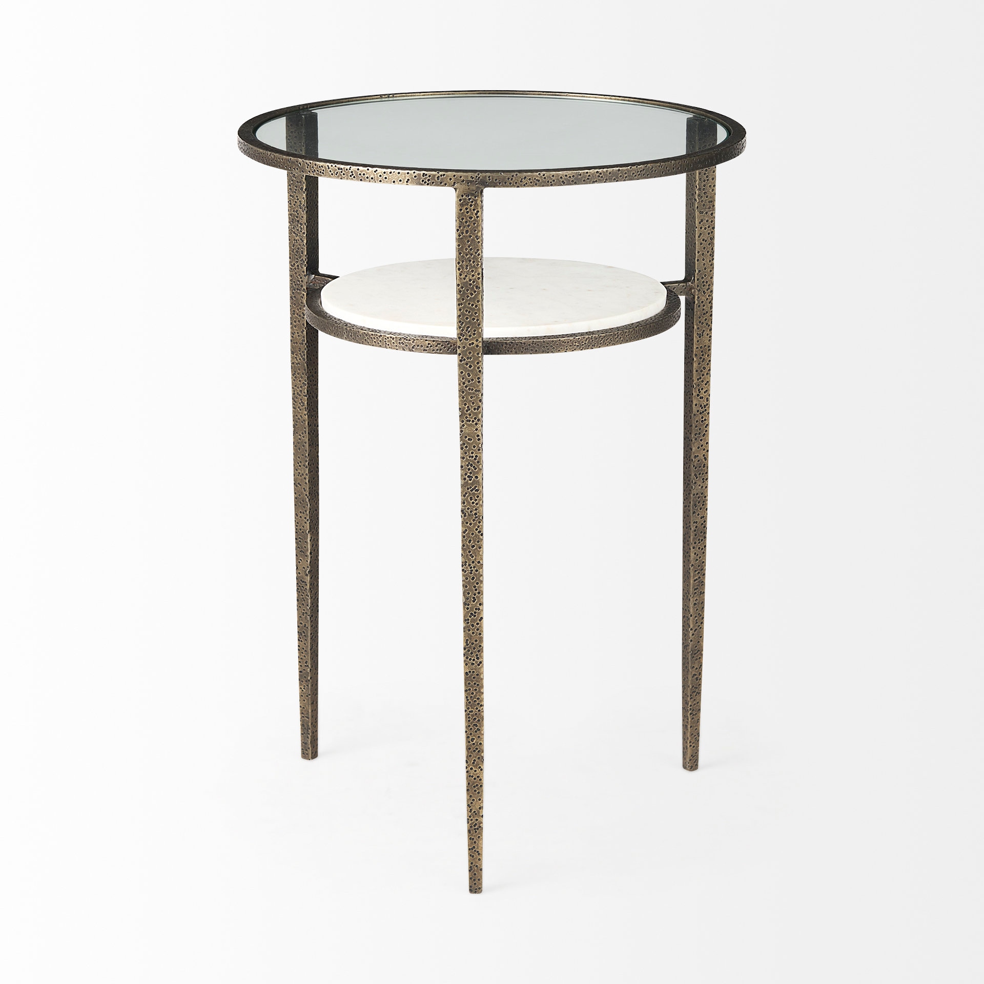 Antique Gold Metal and Marble Glass Top Side Table
