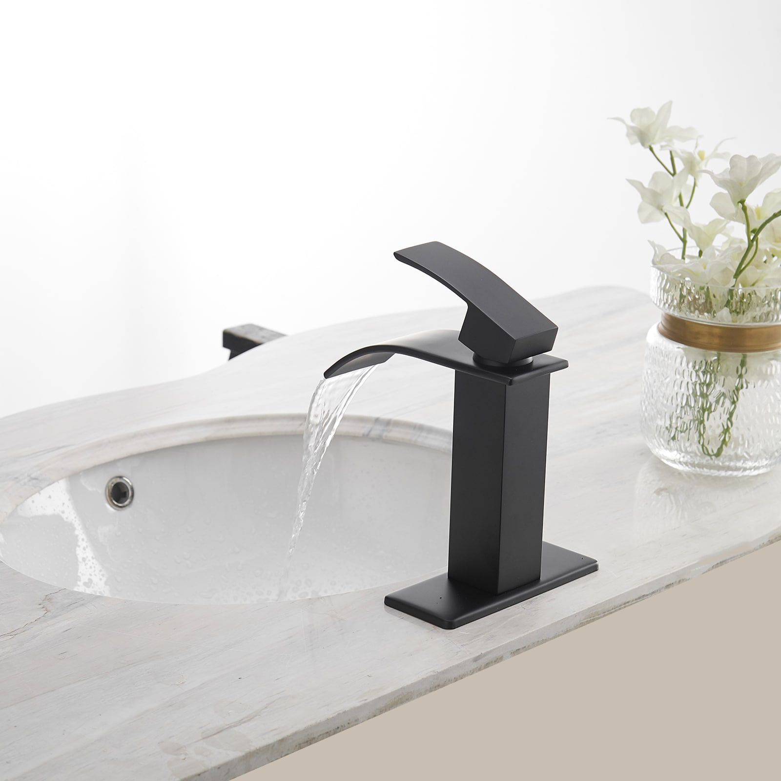 BWE Matte Black Single Hole 1-Handle Waterfall Bathroom Sink Faucet ...