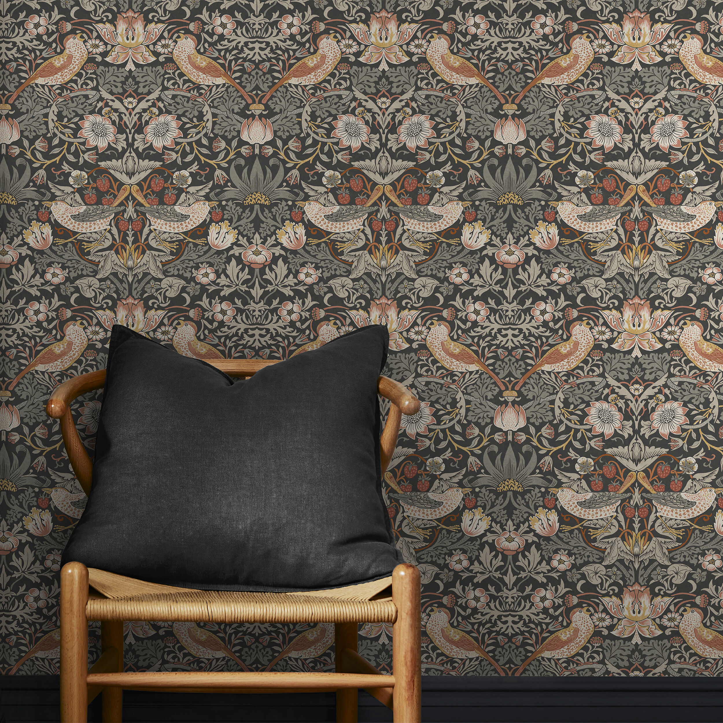 William Morris Charcoal Floral Vinyl Wallpaper Double Roll