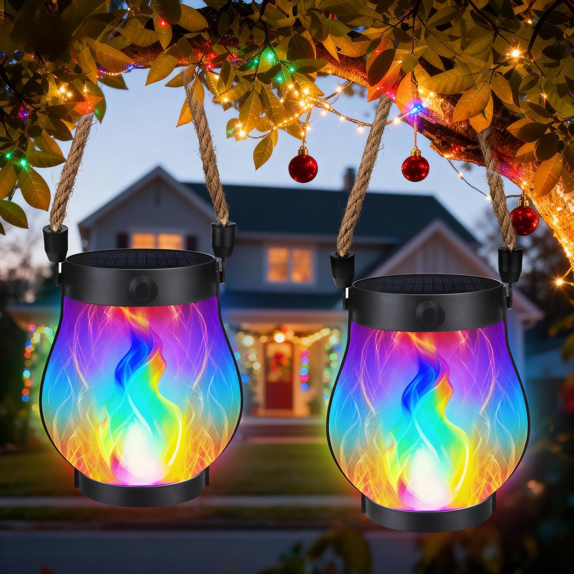 Lukvuzo  2 pack solar lanterns outdoor waterproof garden lights multicolor flickering flame dual charging USB solar hanging for Christmas decor