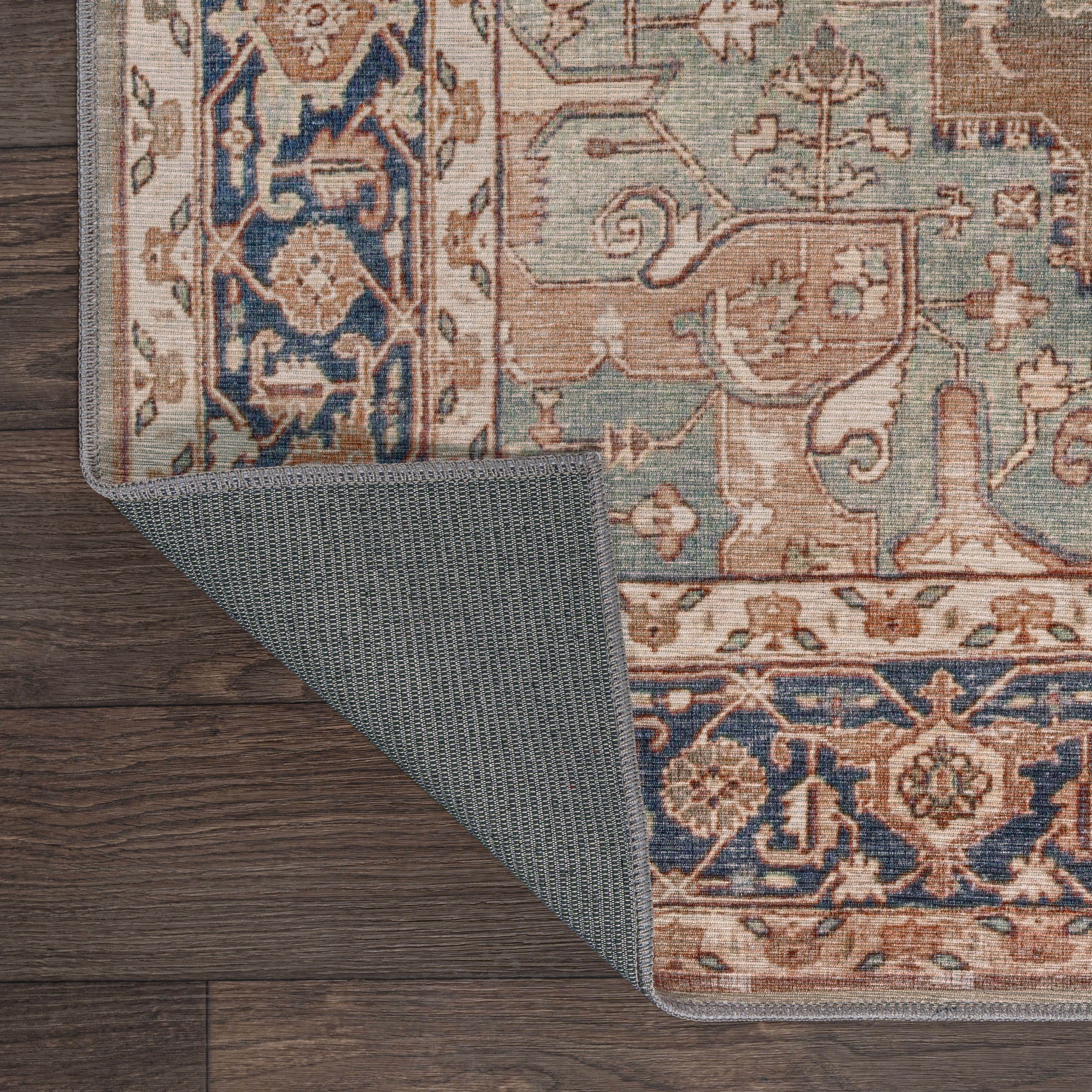 Maris Ornate Medallion Machine-Washable Beige and Blue Chenille Area Rug