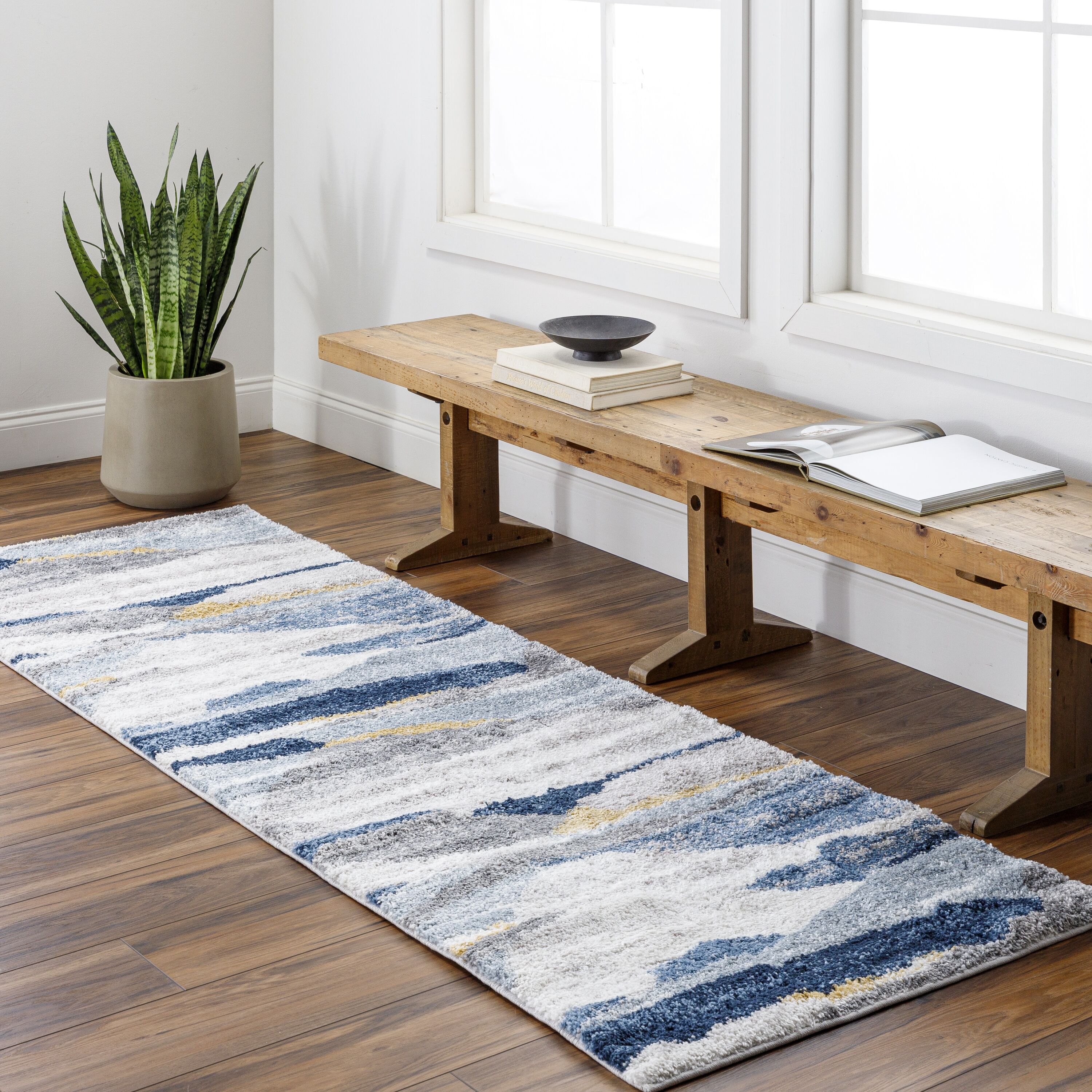 Origin 21 with STAINMASTER Quatro 2 x 8 Dark Blue Indoor Abstract Runner Rug  in the Rugs department at