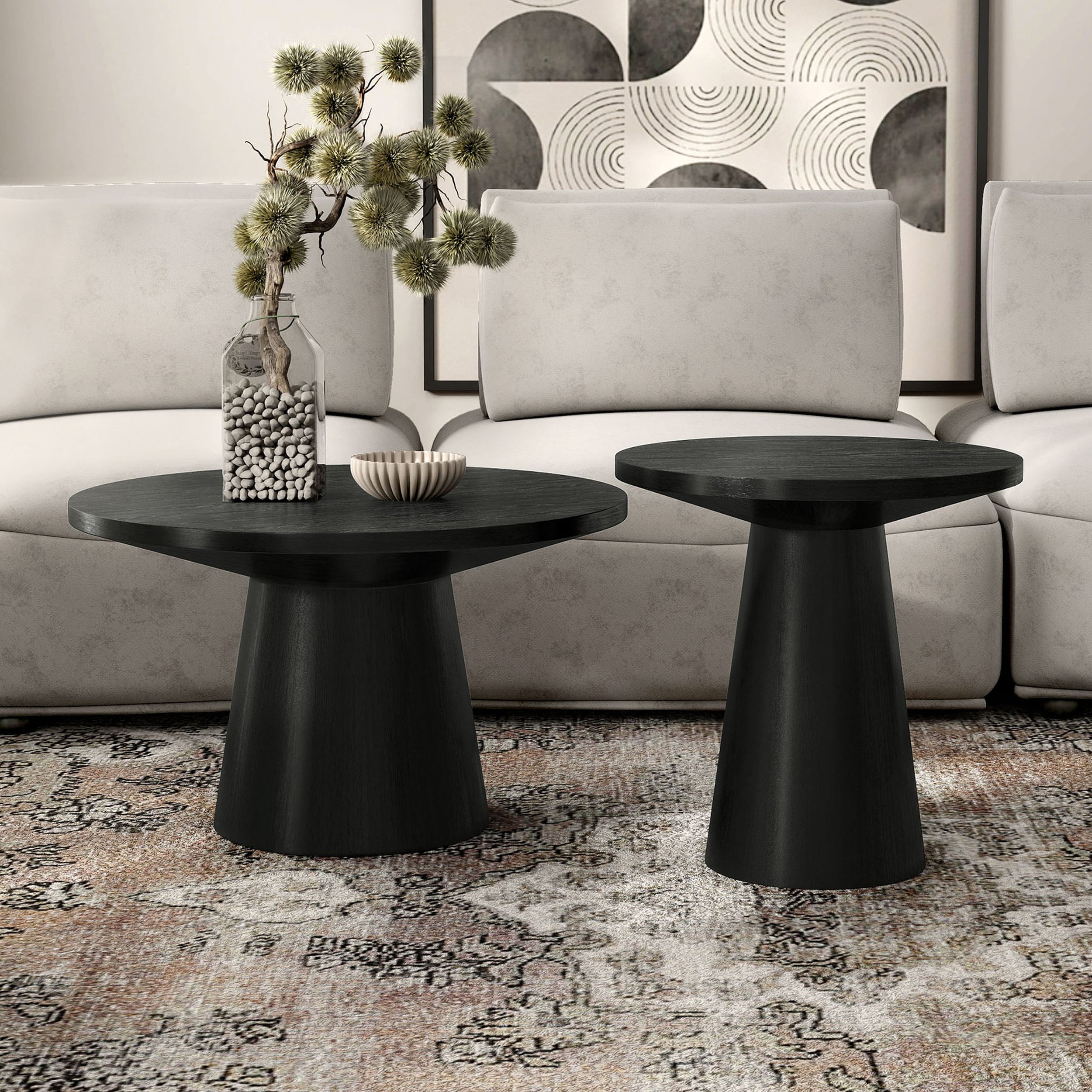 Furniture of America IDF-4222BK-2PC Leander 2 -Piece Modern Black Rubberwood Accent Table Set