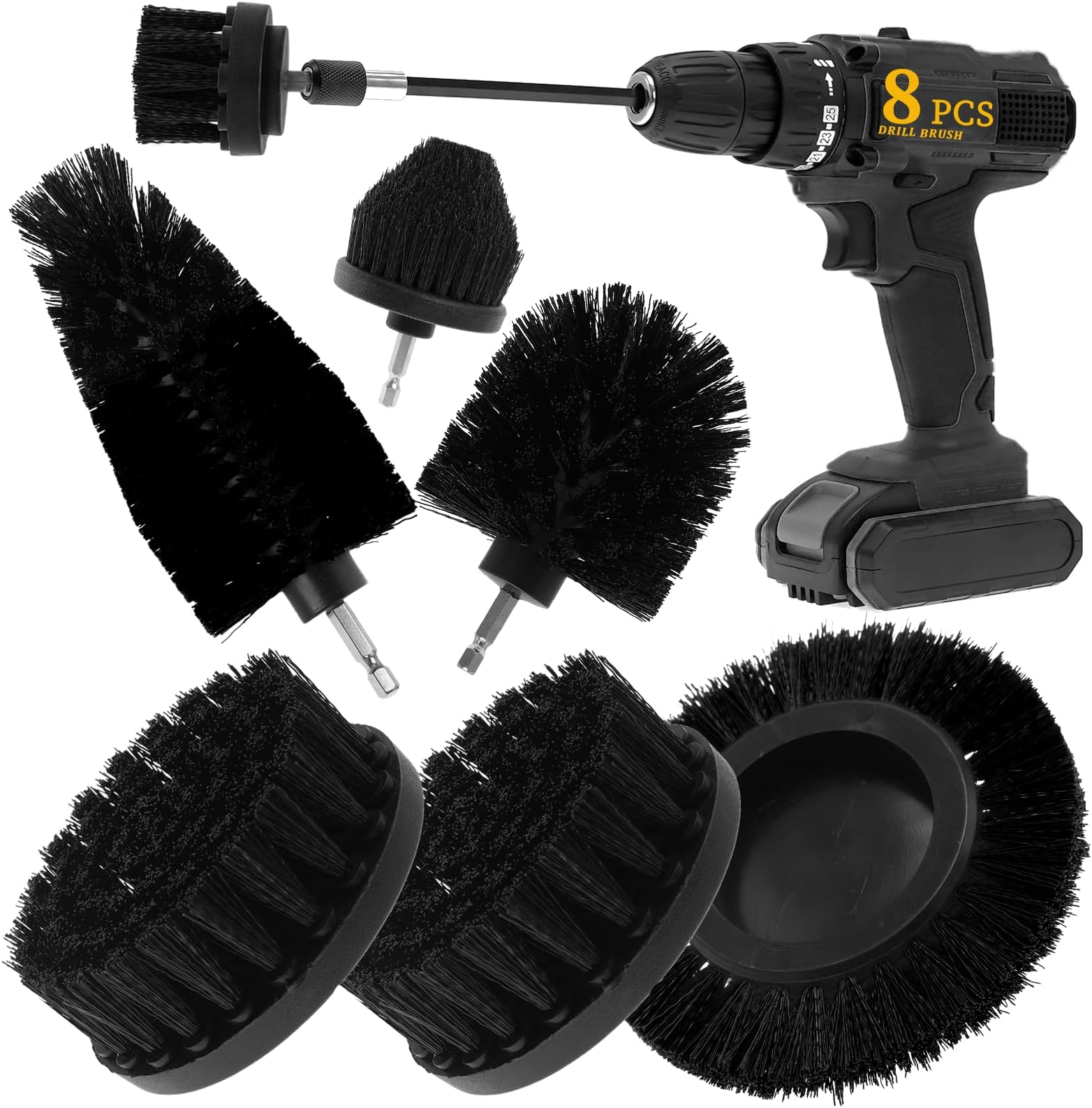 Afoxsos 8 pcs Drill Brush Attachment Set with 6 in Long Extension Power Scrubber Kit for Cleaning Car Grout Floor Tub Bathroom Kitchen Black