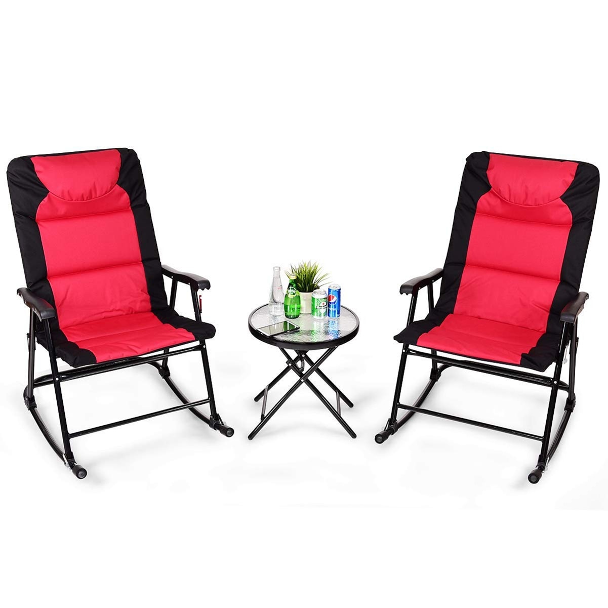 LIVIZA DOJ3638RE 3 -Piece Black Bistro Patio Dining Set Steel Round Table with 2 Red Cushions Rocker Chairs