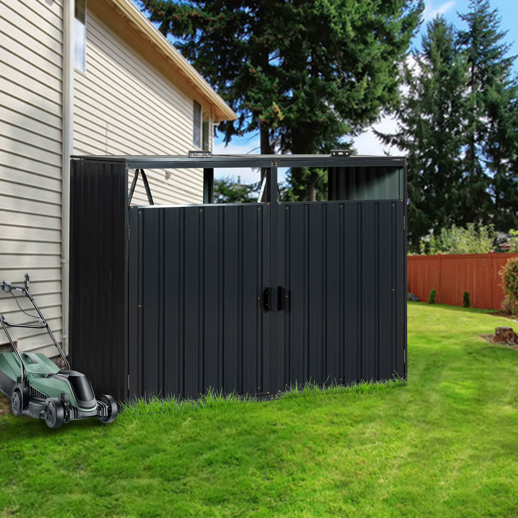 Vynxaria  Metal Garbage Bin Shed Stores 2 Trash Cans Stainless Galvanized Steel Lockable Ventilated Easy Clean Easy Assembly For Garden Yard Lawn