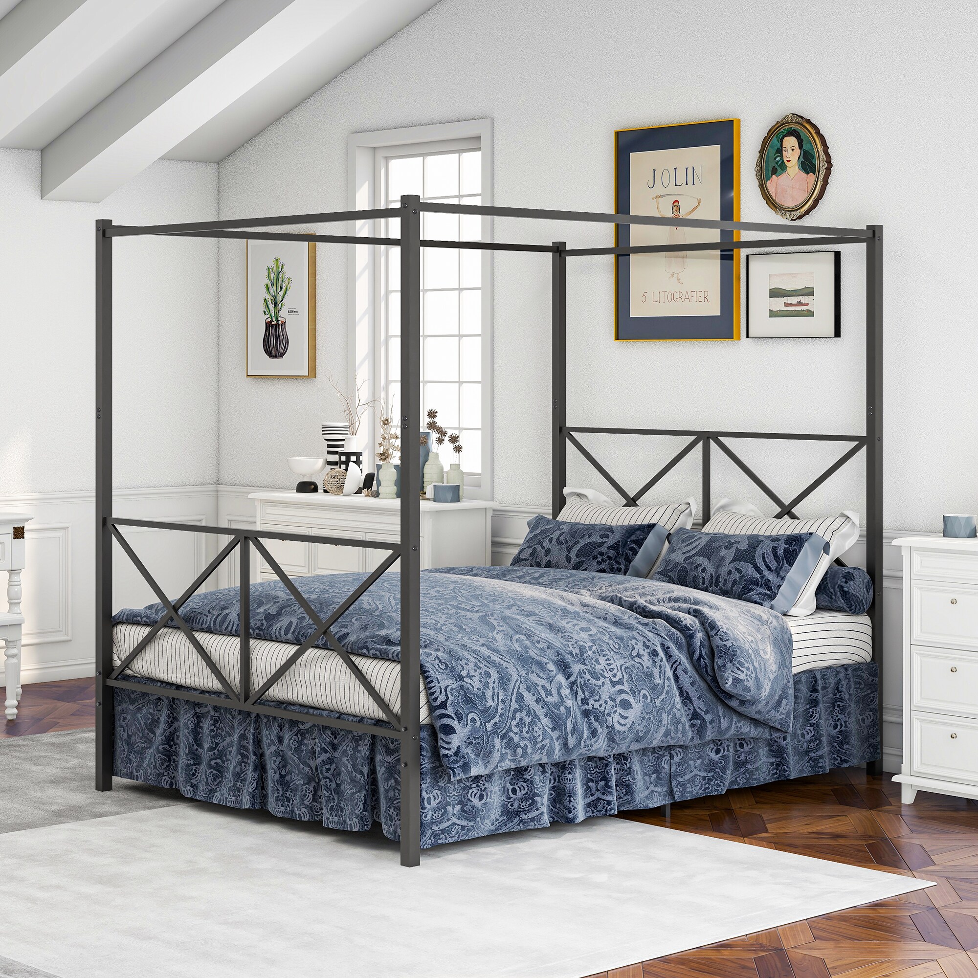 LOVMOR Metal Canopy Queen Bed Frame Platform X Shaped Frame Black in ...