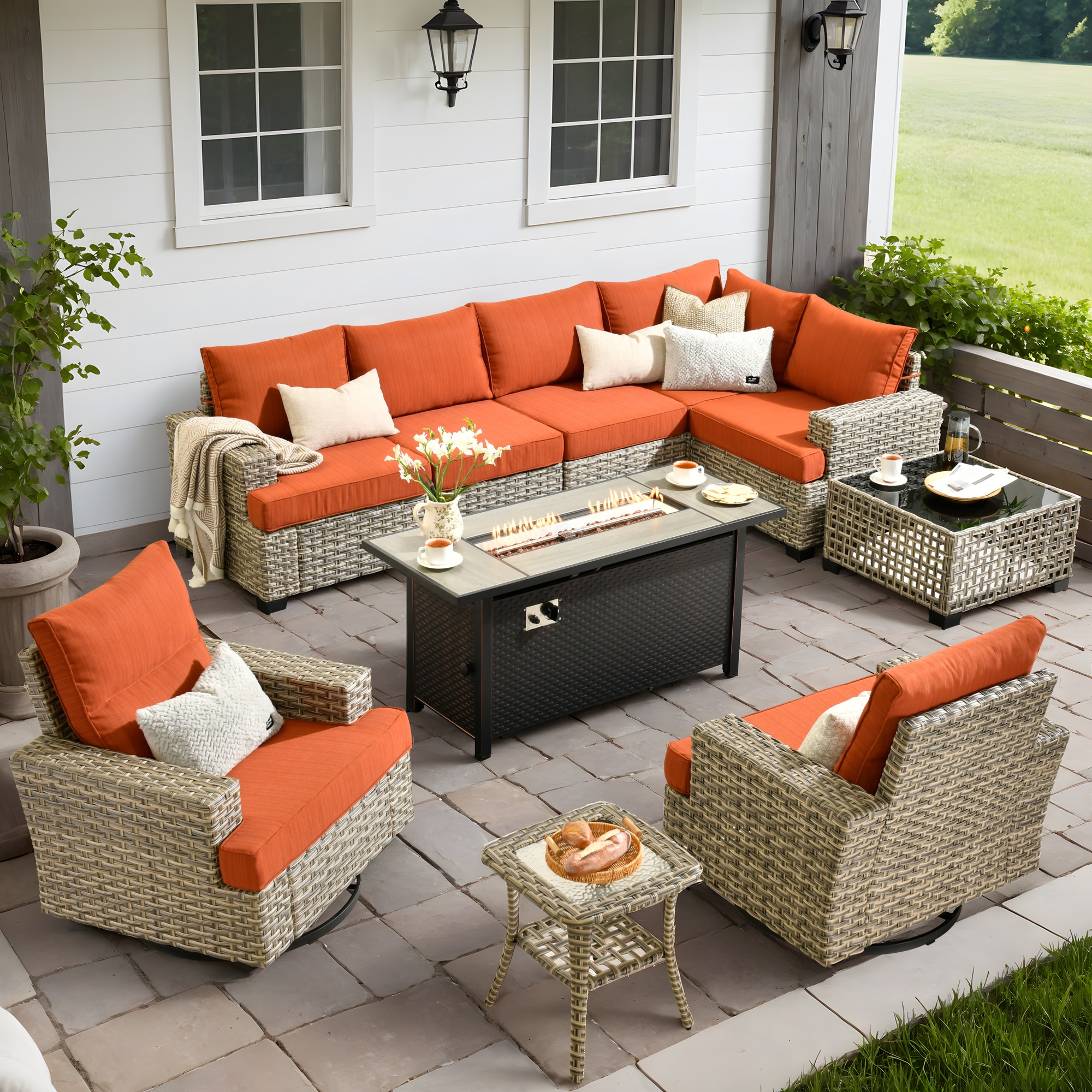 Ovios RFP5TS809Y 10 -Piece Rattan Patio Conversation Set with Orange Cushions