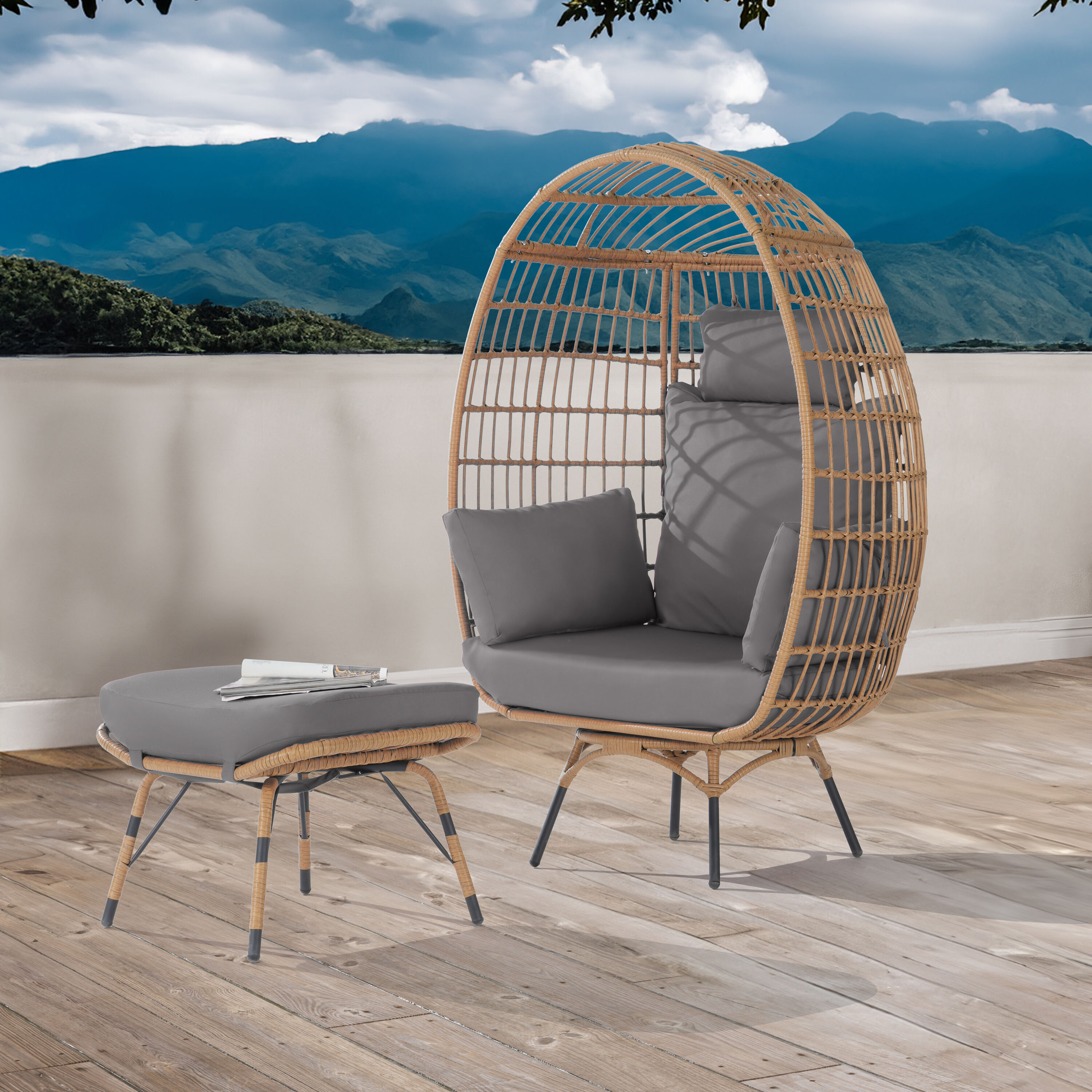 SANSTAR L-RJDC68GY-AD 2 -Piece Wicker Patio Conversation Set with Gray Cushions