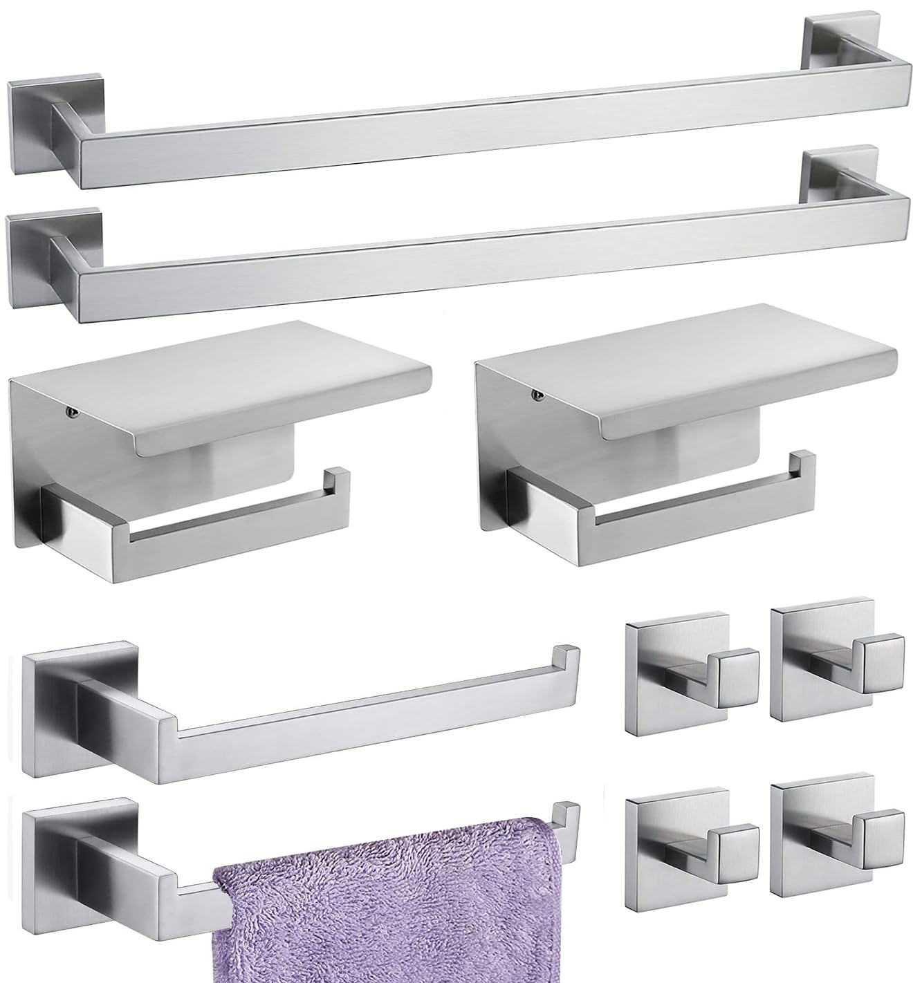 TNSO - Brushed Nickel Stainless Steel 10 Piece Bathroom Hardware Set Rustproof Easy Install