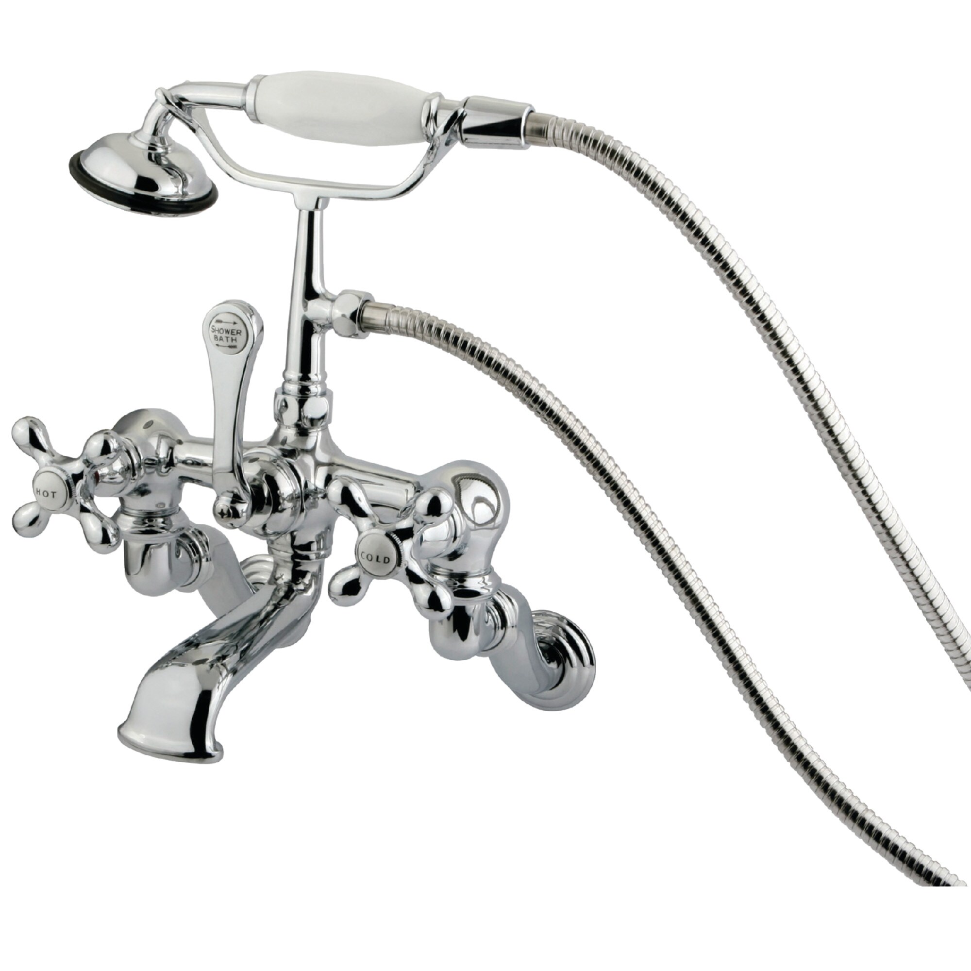 Kingston Brass WLCC464T1 Vintage Polished chrome 3-handle Wall-mount Low-arc Bathtub Faucet with Hand Shower ( Valve Included )