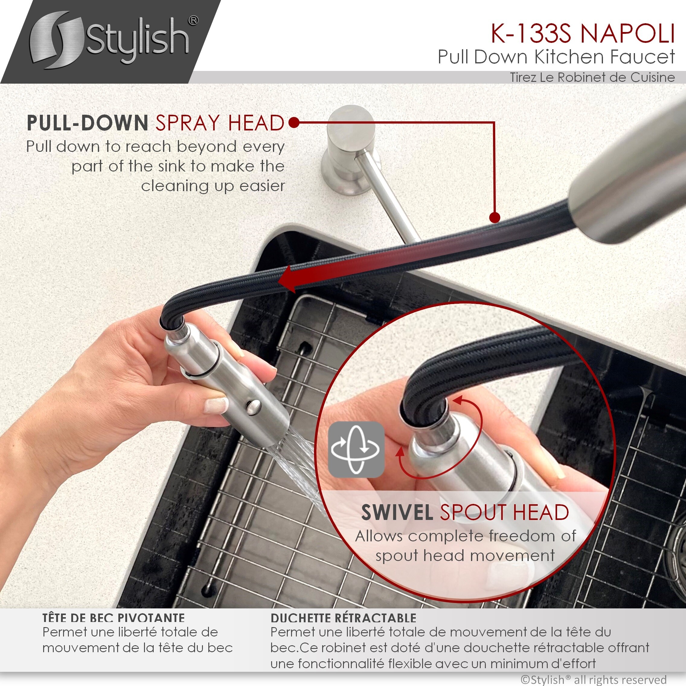 Brushed Stainless Steel Pull Down Kitchen Faucet with Pull-out Spray