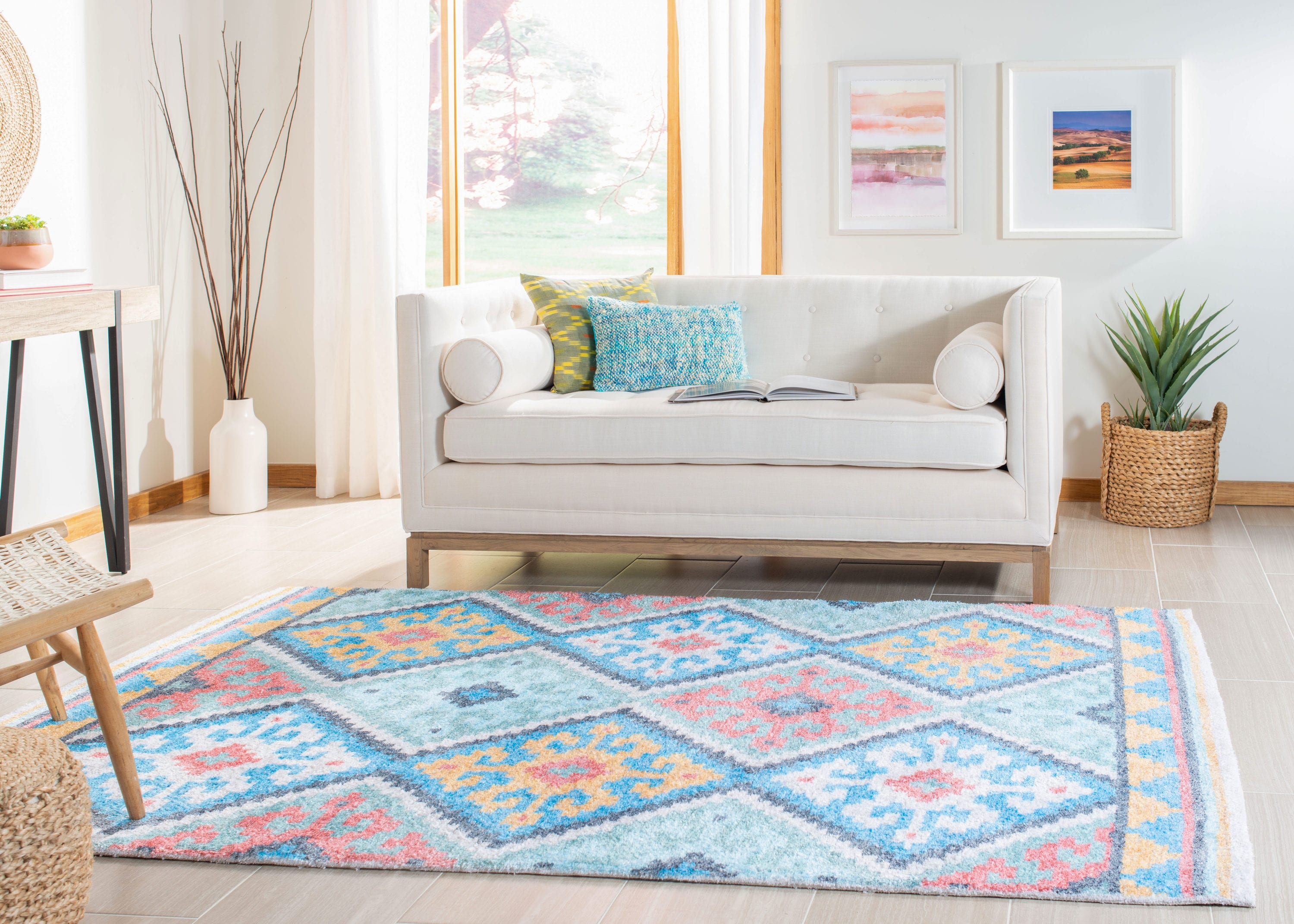 Blue and Aqua Geometric Cotton 8' x 10' Area Rug