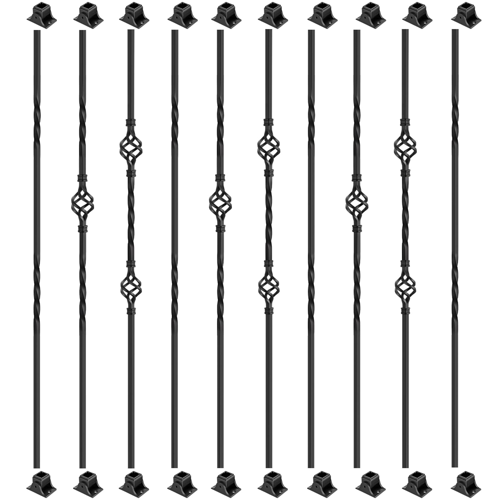 ITOPFOX  10 Pack Wrought Iron Balusters 44 Inch Metal Staircase Balusters with 20 Iron Baluster Shoes Hollow Basket Stair Spindles for Indoor