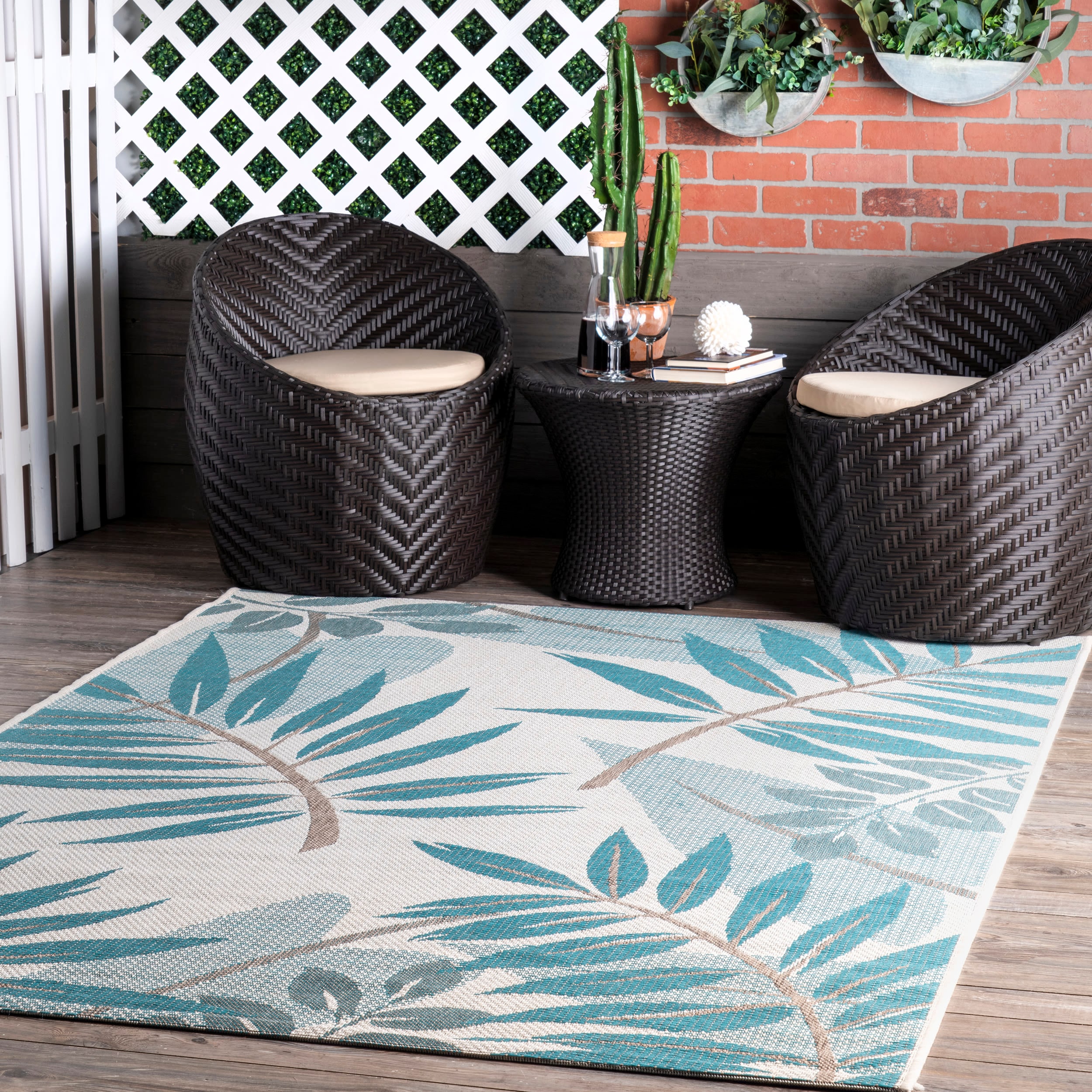 nuLOOM OCAV05B-53076 5 x 8 (ft) Loomed Polypropylene Turquoise Rectangular Indoor/Outdoor Floral/Botanical Coastal Area rug