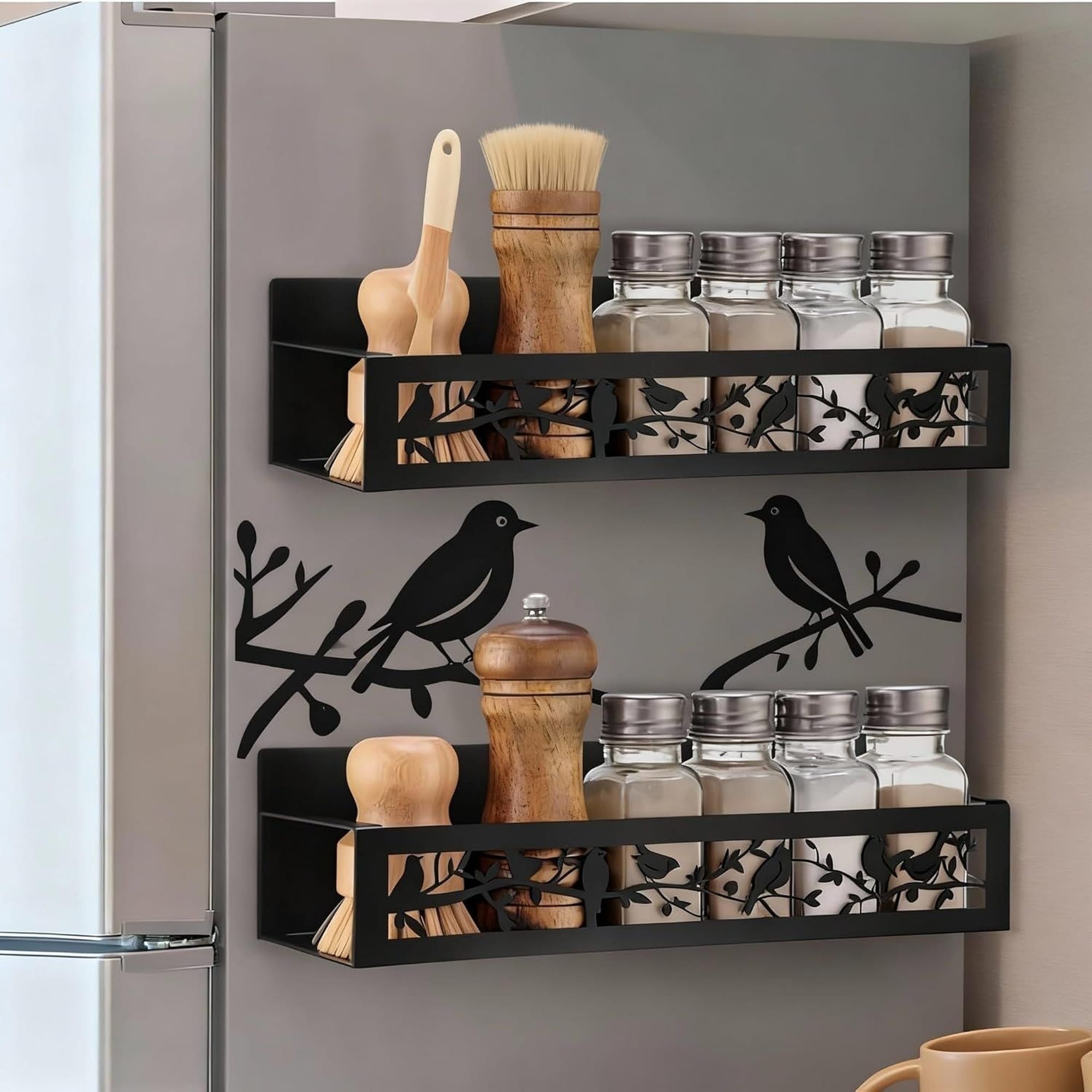 OGETFUUR 2 Pcs Magnetic Spice Rack for Refrigerator Metal Magnet Basket Shelf Fridge Seasoning Storage Organizer Home Decor Kitchen Accessories