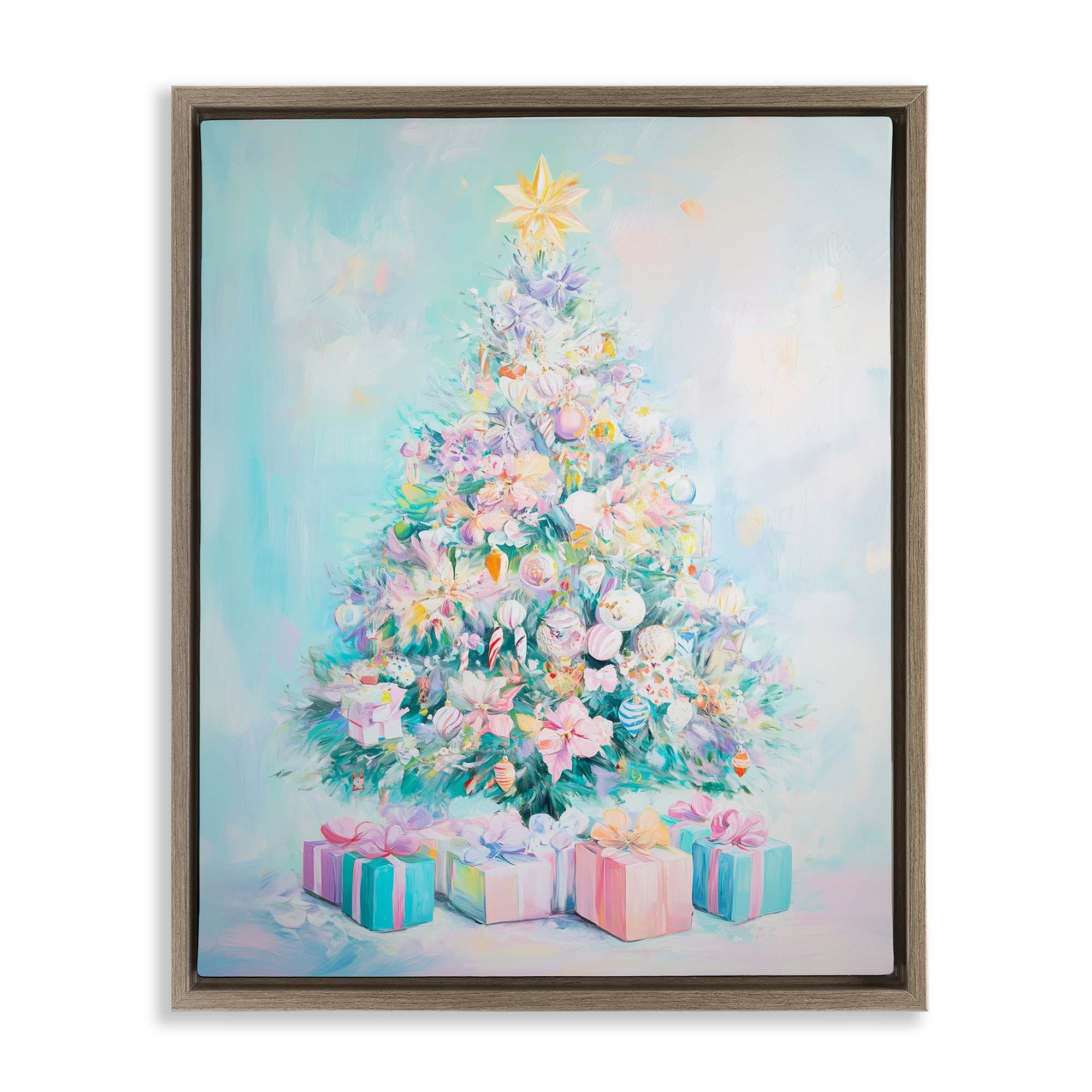 Stupell Industries BT-923-FFE-16X20 Pastel Christmas Tree on Blue Brown Framed Floater Canvas Wall Art By Arlington Prints 17 x 21