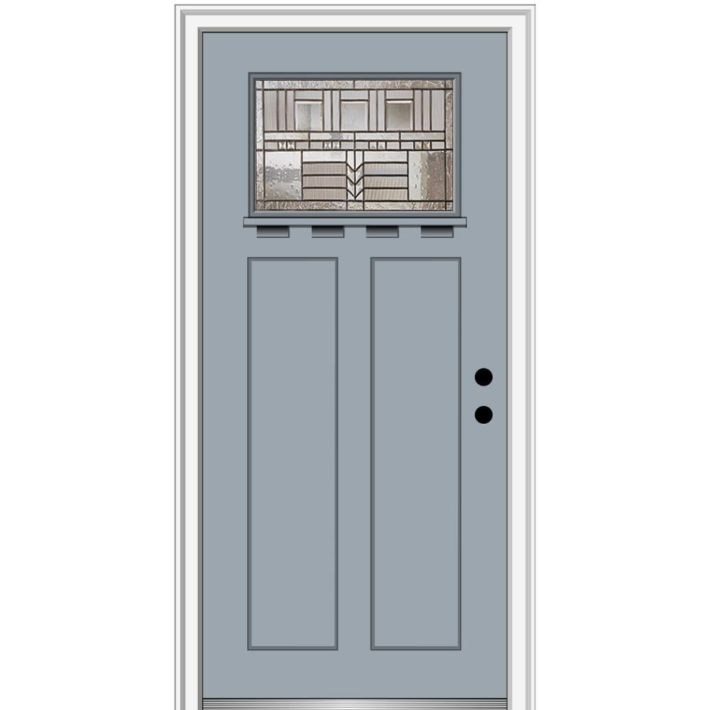 MMI DOOR ZZ3664312L 32-in x 80-in x 4-9/16-in Fiberglass Craftsman Left-hand inswing Storm Cloud Painted Prehung Front Door with Brickmould Insulating core