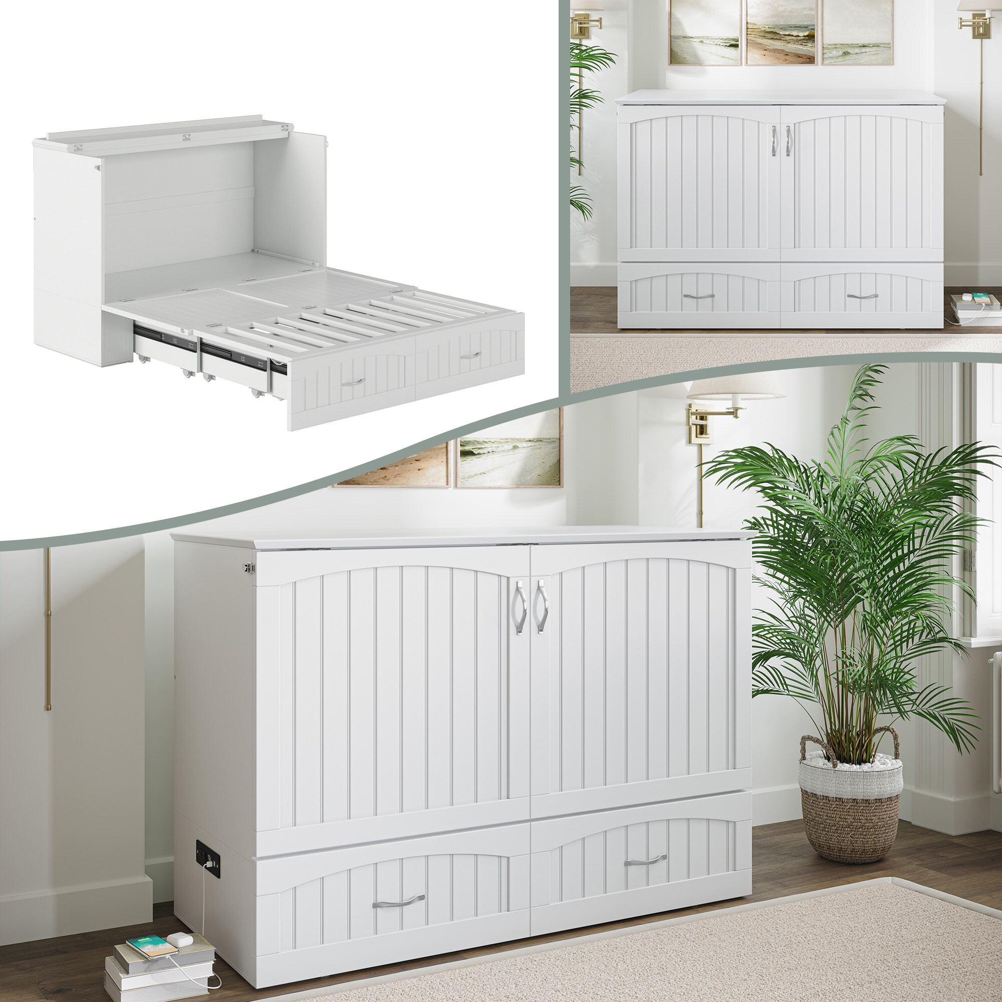 AFI AC613102 Elena No Mattress White Full Wood Murphy Bed with Storage
