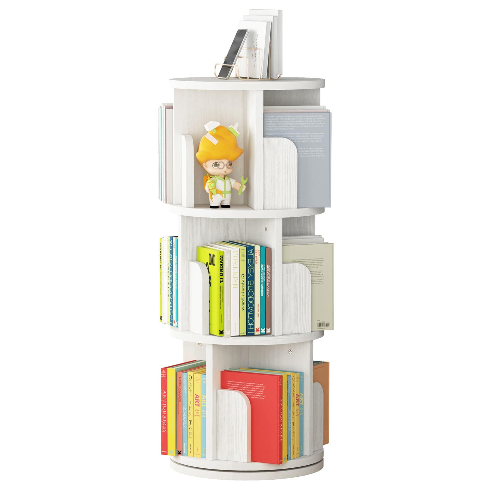 Qeetex JXNAG-PHO-15GD44FX 3 Tier 360 Rotating Stackable Bookshelf Tower Small Wooden Bookcase for Kids Waterproof Corner Display Storage Rack Narrow Book Organizer for Bedroom Study Room-White