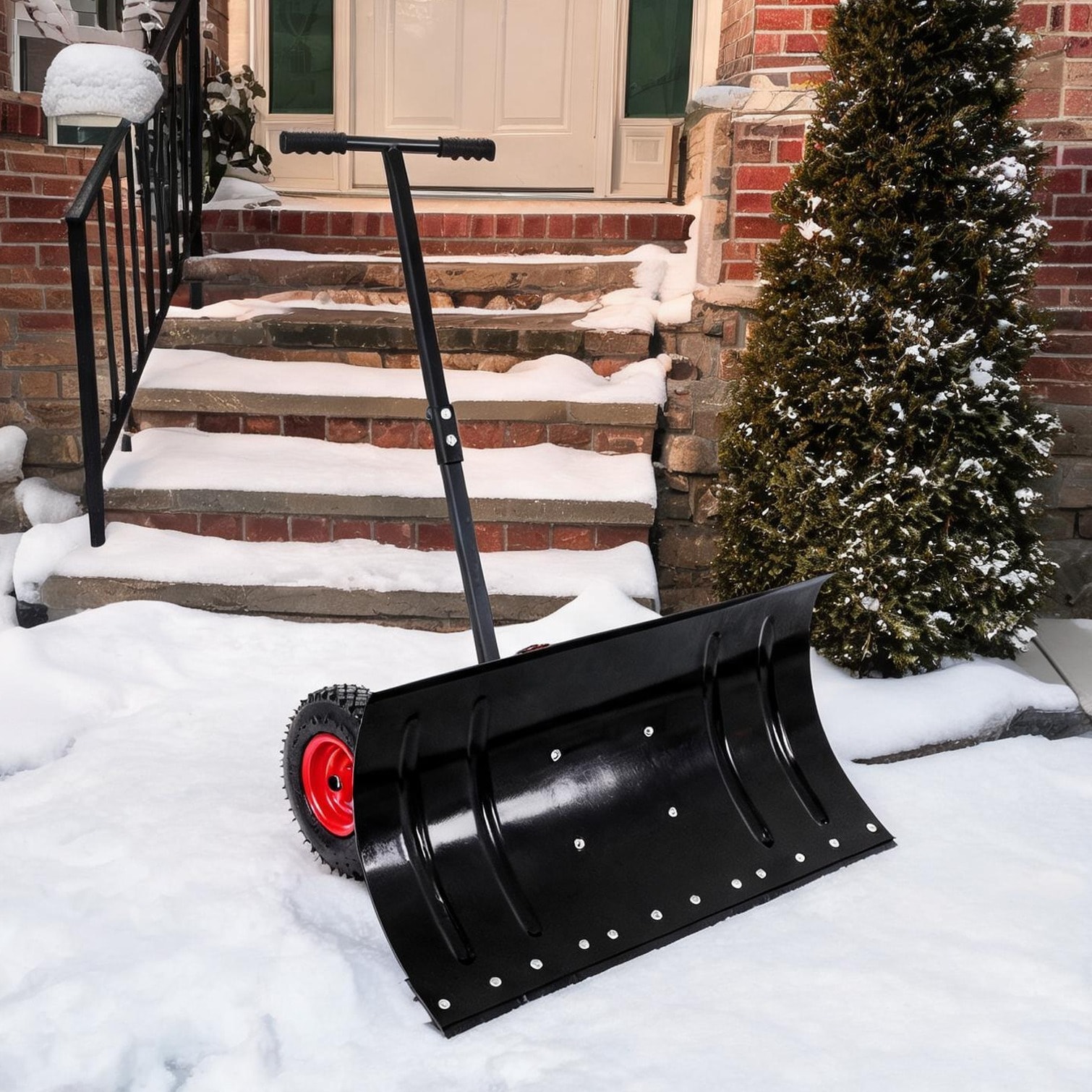 SunJet - Matte Black Steel Wheeled Snow Pusher with Adjustable Height Handle 30-Inch Blade
