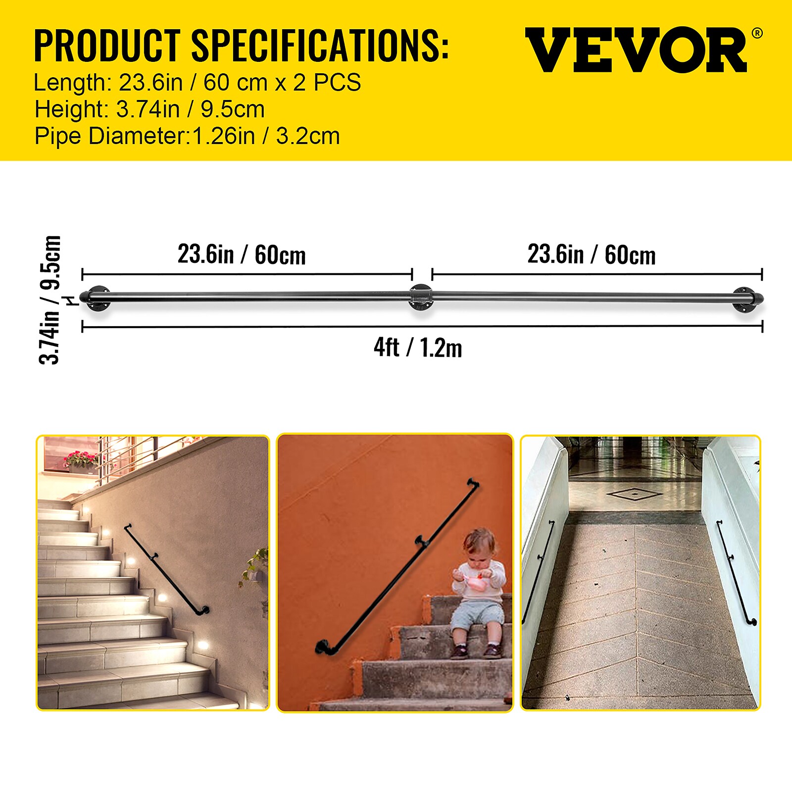 VEVOR 4FT Staircase Handrail 3.74-in x 23.6-in Carbon Steel Finished ...