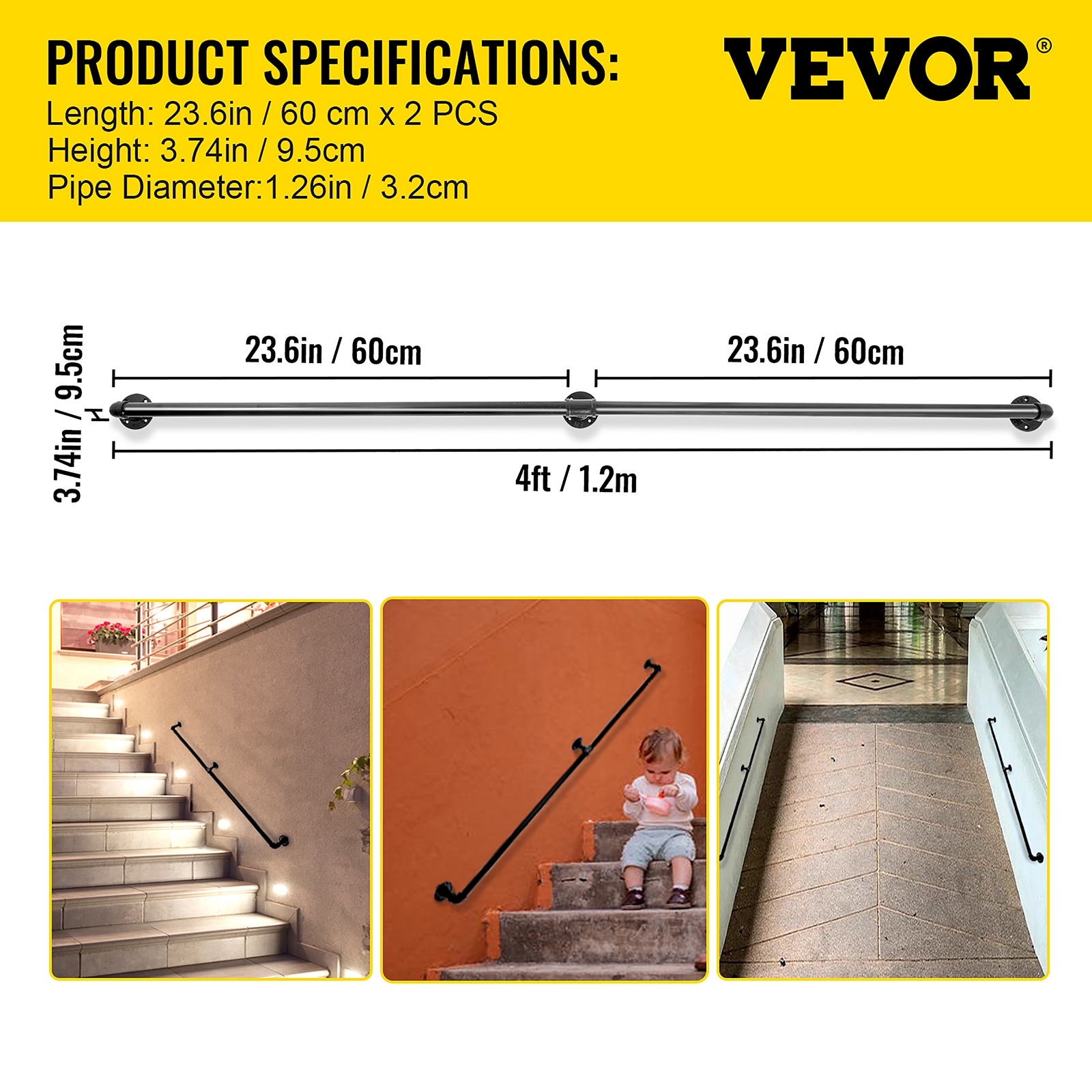 VEVOR 4FT Staircase Handrail 3.74-in x 23.6-in Carbon Steel Finished ...