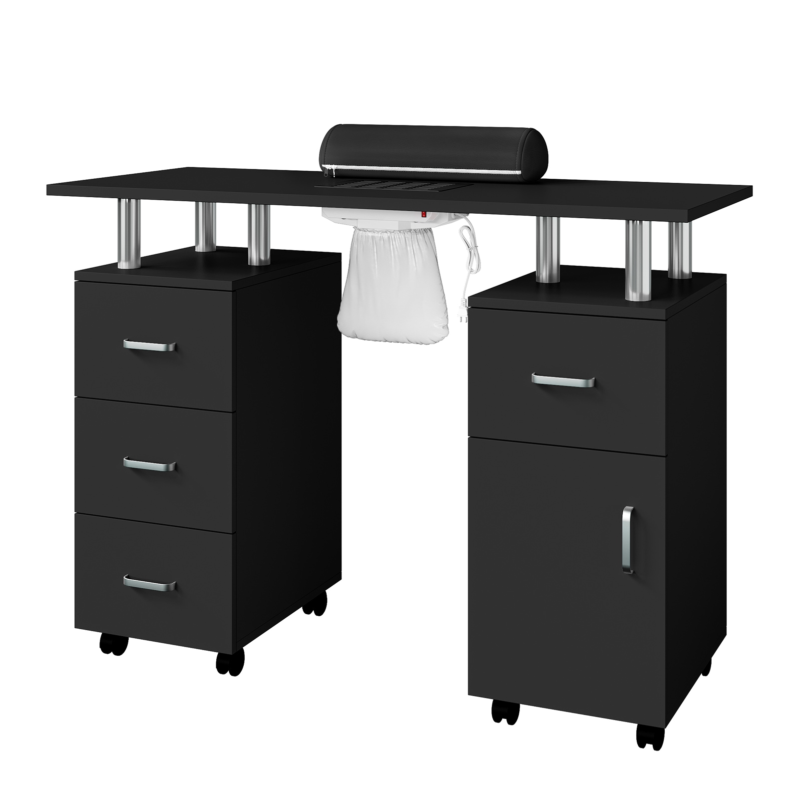 GarveeLife Manicure Table Nail Tech Workstation with Electric Dust Collector Wrist Rest 1 Side Cabinet and 4 Drawers Beauty Salon Nail Supplies Desk Black
