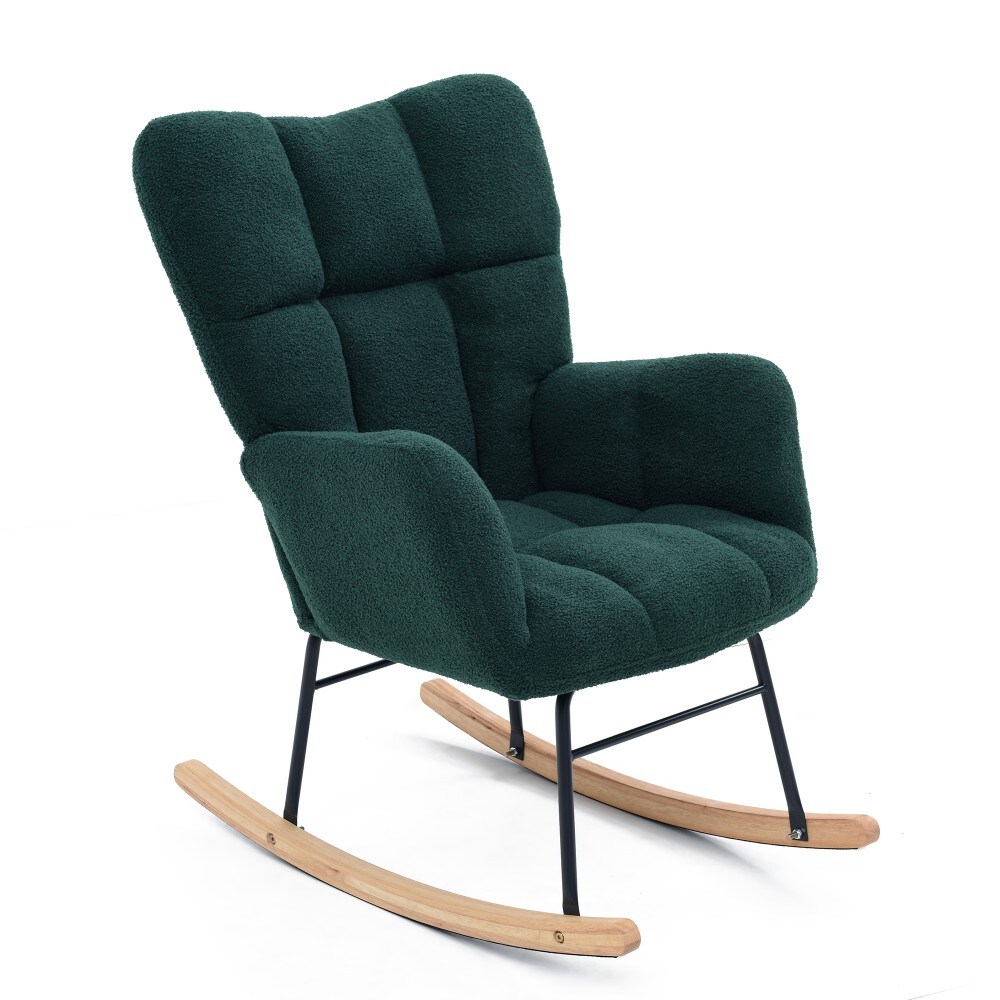 GlasFlength Green Teddy Fabric Upholstered Rocking Chair With High ...