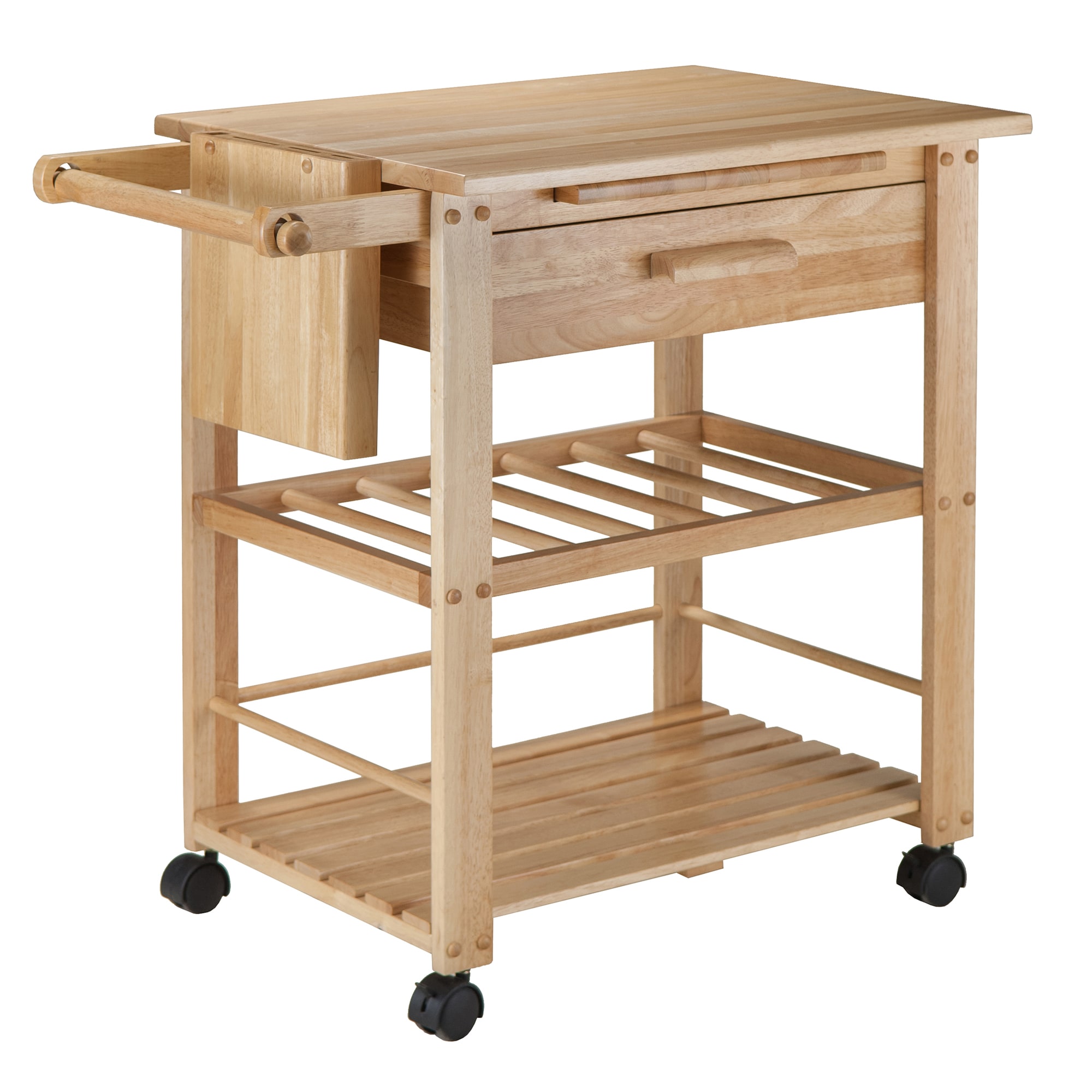 Transitional Brown Wood Kitchen Cart with Wine Storage and Knife Block