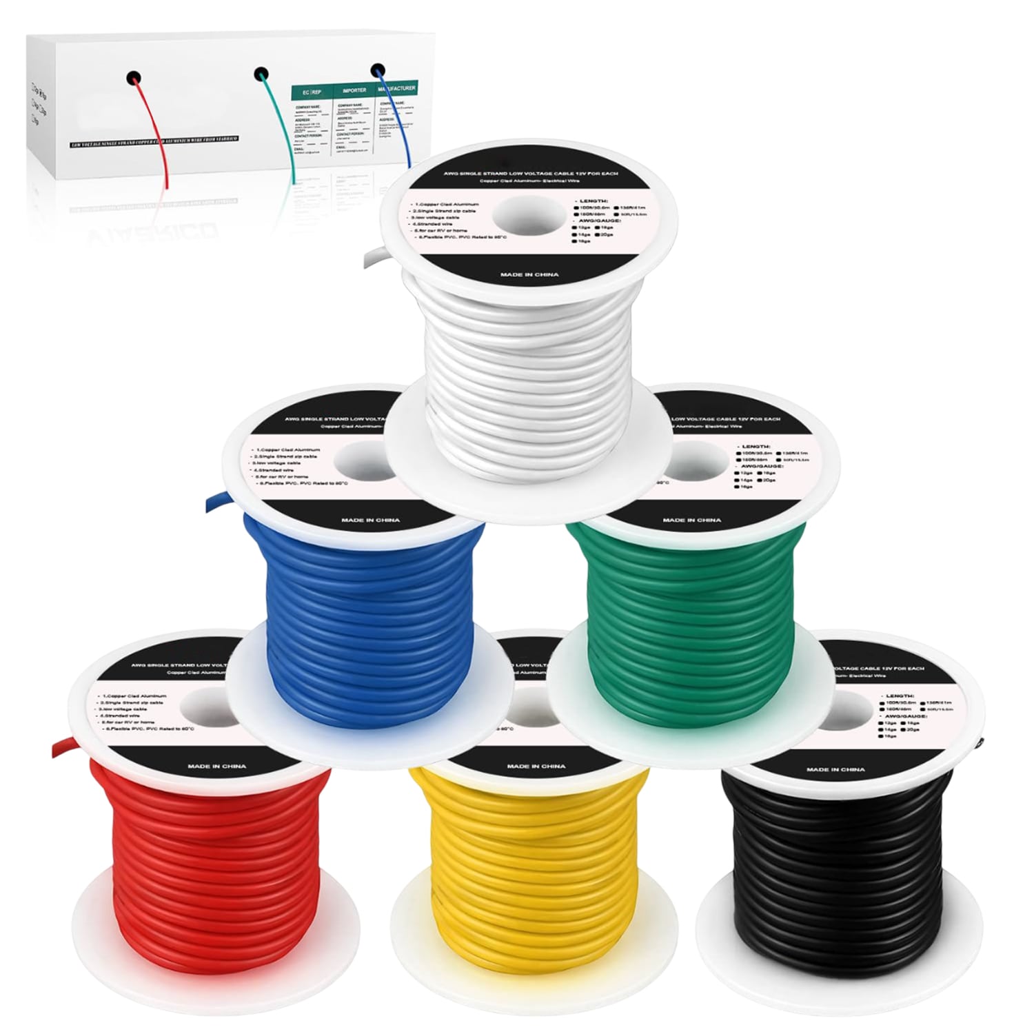 Etokfoks  18 Gauge Wire 600ft Total 100ft Spool 6 Colors Copper Clad Aluminium Low Voltage Hookup Wire Kit