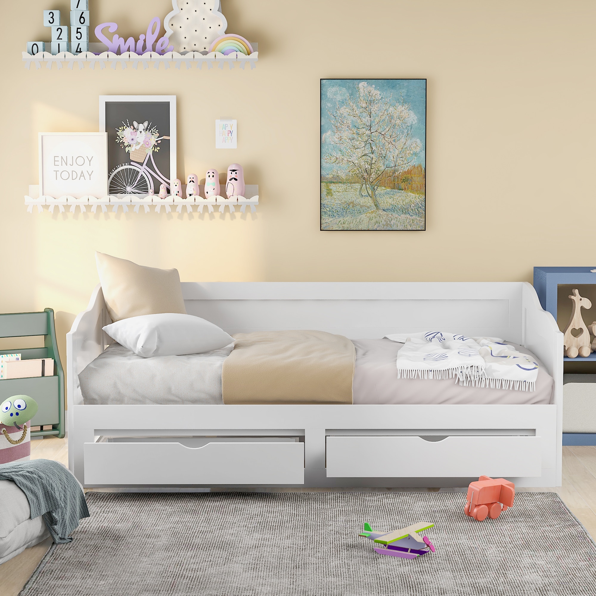ModernLuxe LP000519AAK Wooden Daybed with Trundle Bed and Two Storage Drawers  Extendable Bed DaybedSofa Bed with Two Drawers White