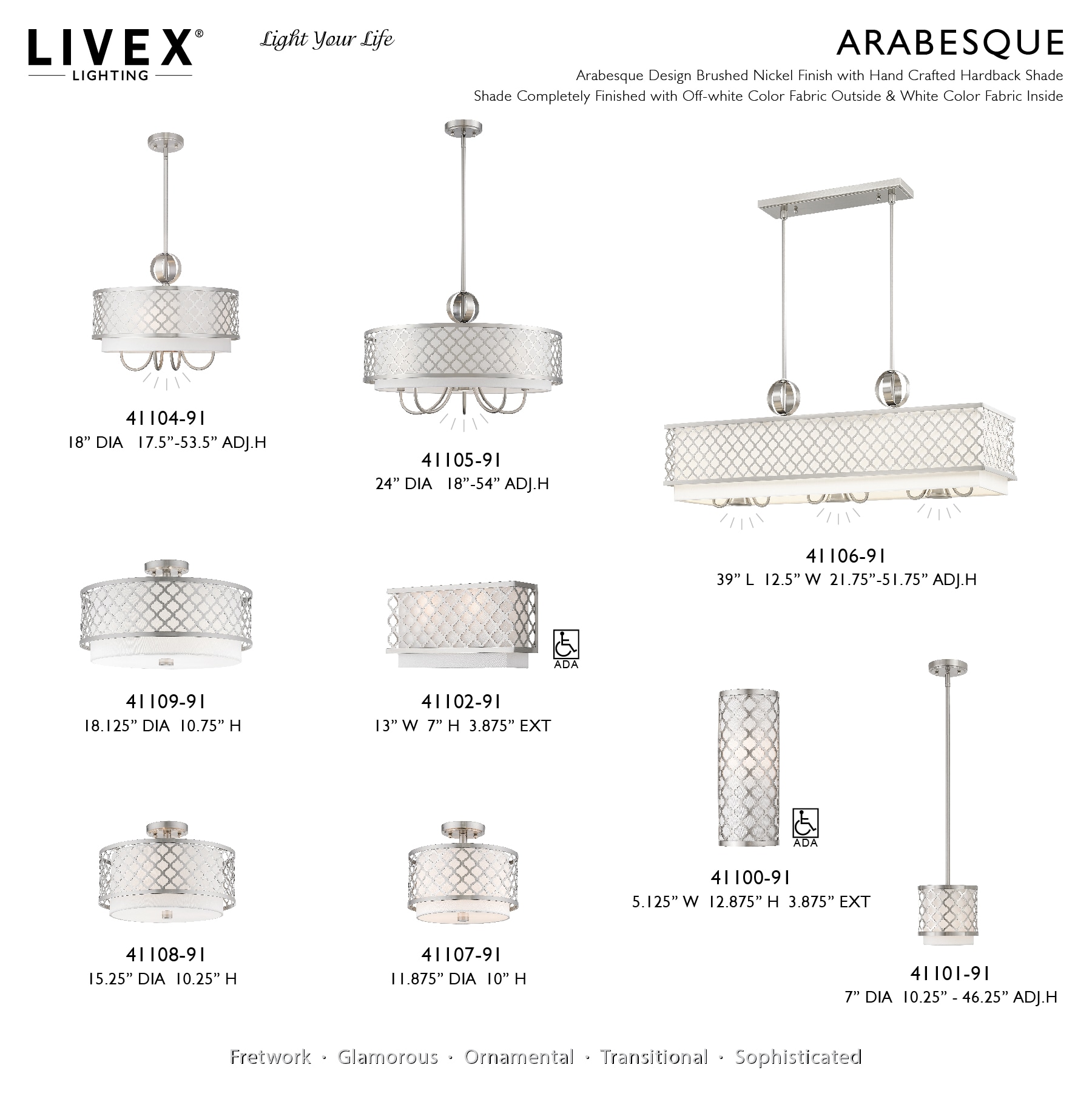Arabesque Brushed Nickel 9-Light Linear Chandelier with Fabric Shade