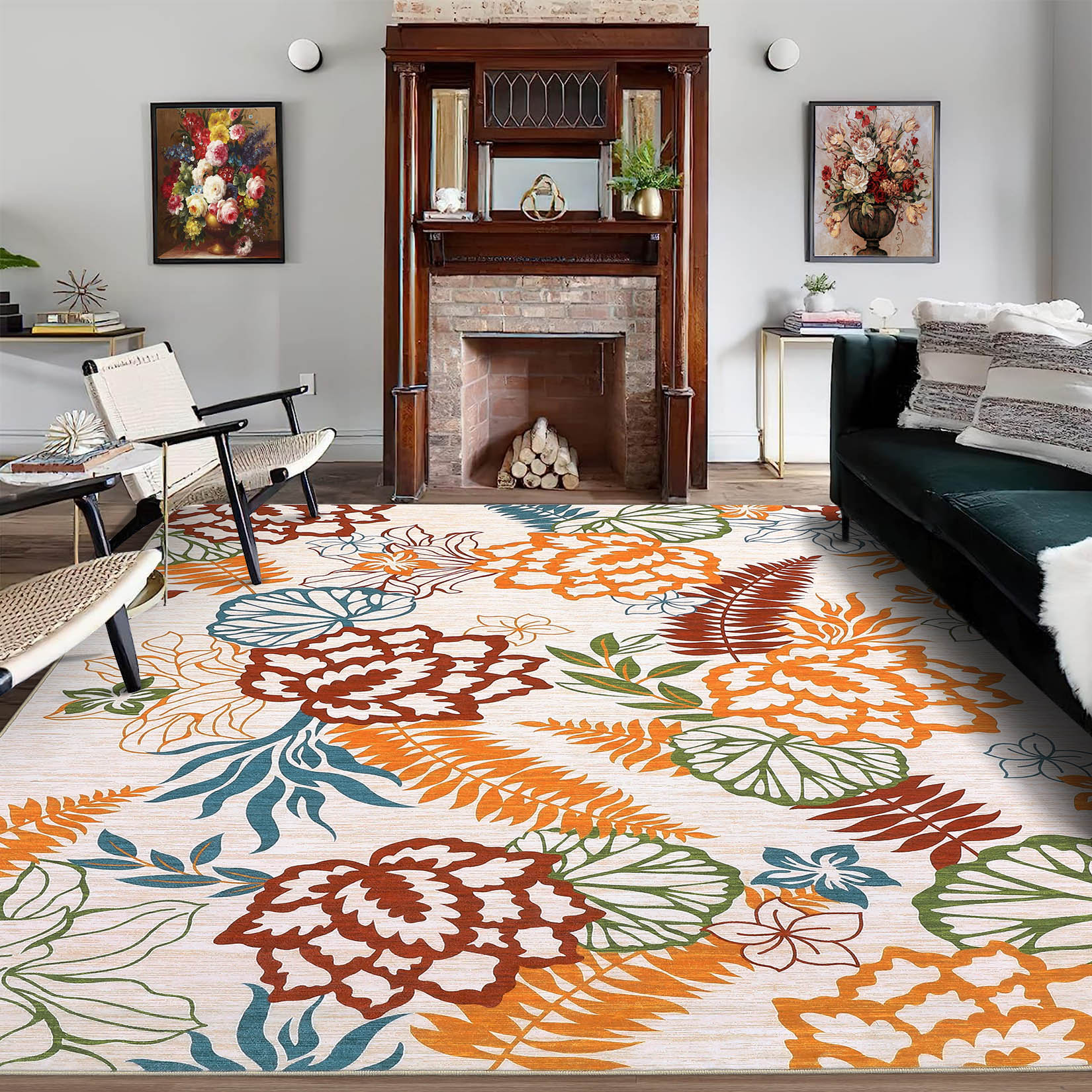 Garvee YXY-LO-PHO-0ZM37DFL 9 x 12 (ft) Loomed Orange Rectangular Indoor Floral/Botanical Tropical Machine washable Pet Friendly Area rug
