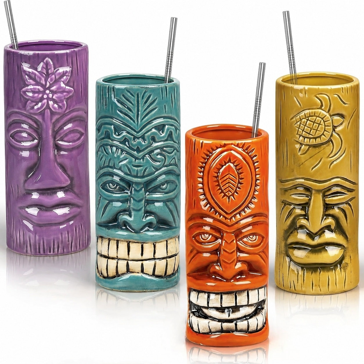 Aoibox  Ceramic Tiki Mugs for Tropical Cocktails and Party Drinks Heat Resistant Hawaiian Bar Drinkware Set of 4