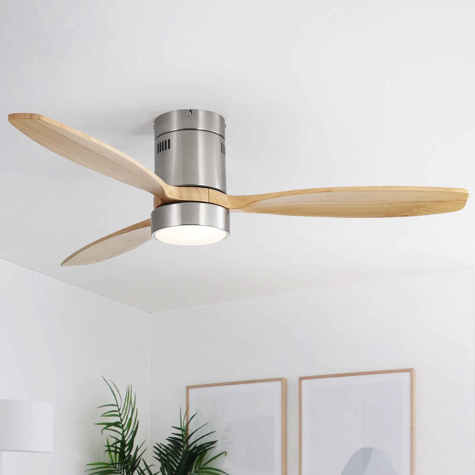 Sofucor LS-52K077-SN-DC-YM 52k077 52-in Color-Changing Outdoor Flush Mount Nickel with Burlywood Blades Ceiling Fan With Light and Remote ( 3 -Blade )