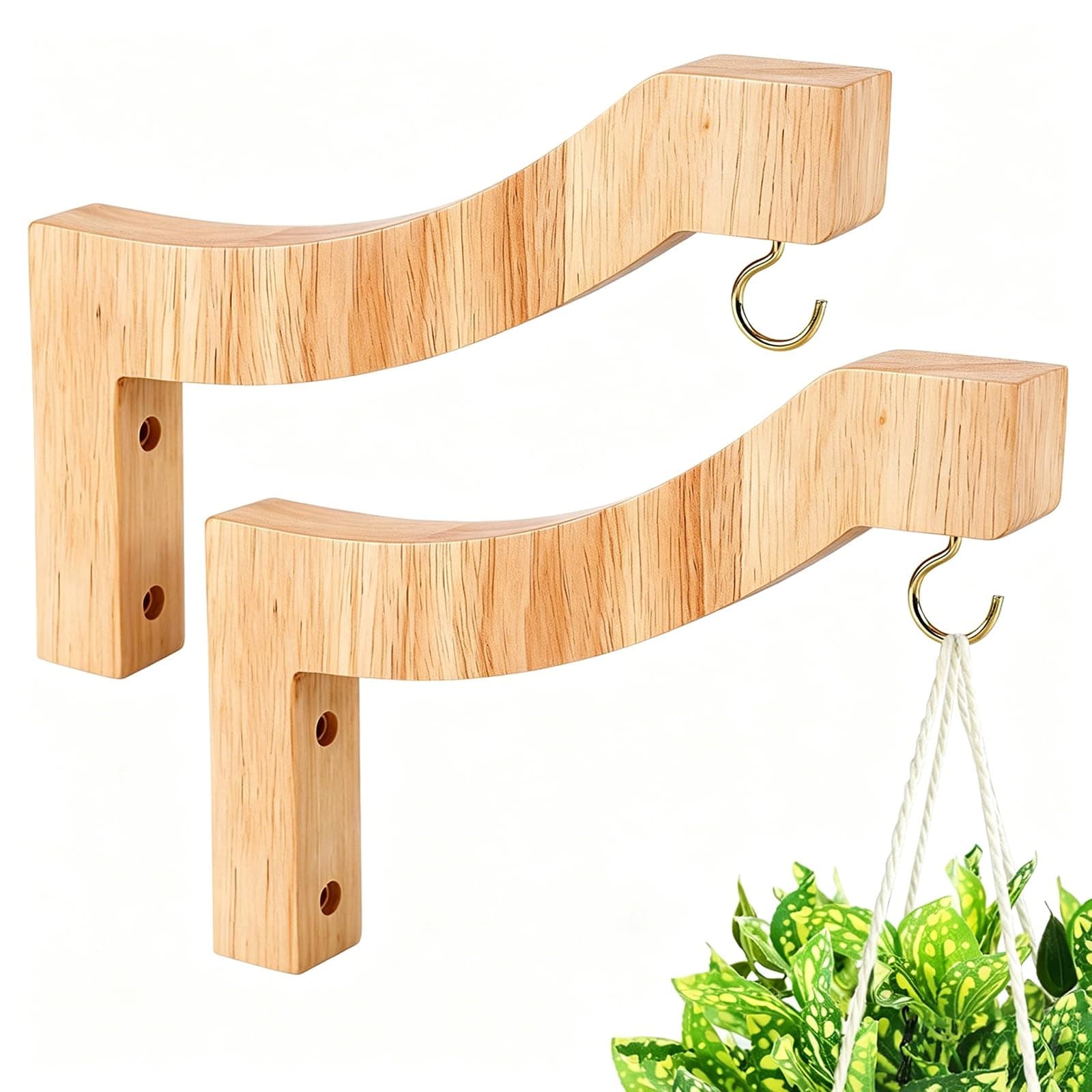 KHKFY  7 Inch Wooden Wall Hook Plant Hanger 1 Piece for Indoor or Outdoor Use Heavy Duty for Bird Feeders Flower Baskets Wind Chimes with Gold