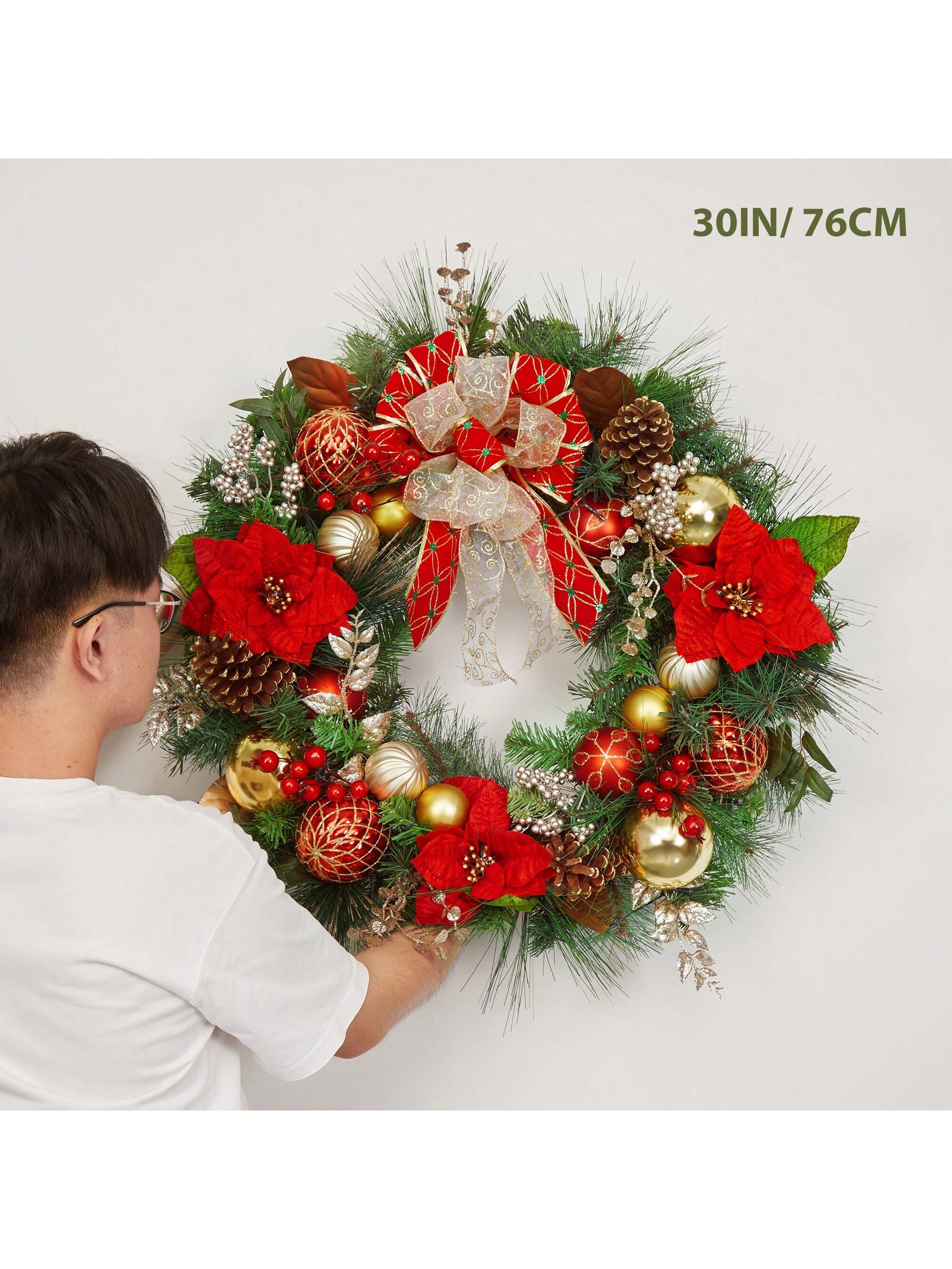 Qeetex BY-PHO-0RC9X2XO 30 Inch Battery Operated Christmas Wreath With 40 LED Lights Large Outdoor Lighted Xmas Wreath With Ball Ornaments For Front Door Window Holiday Party Decoration