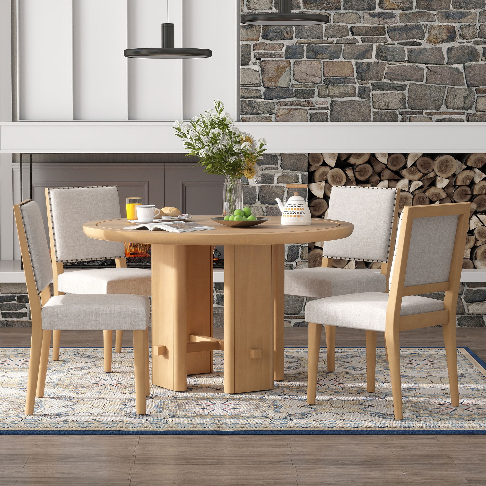 ModernLuxe L3P-ST000148AAE 5Piece Round Dining Table Set for 4 Minimalist Farmhouse Dining Table with 4 Solid Wood Upholstered Chairs Kitchen  Dining Room Sets Natural