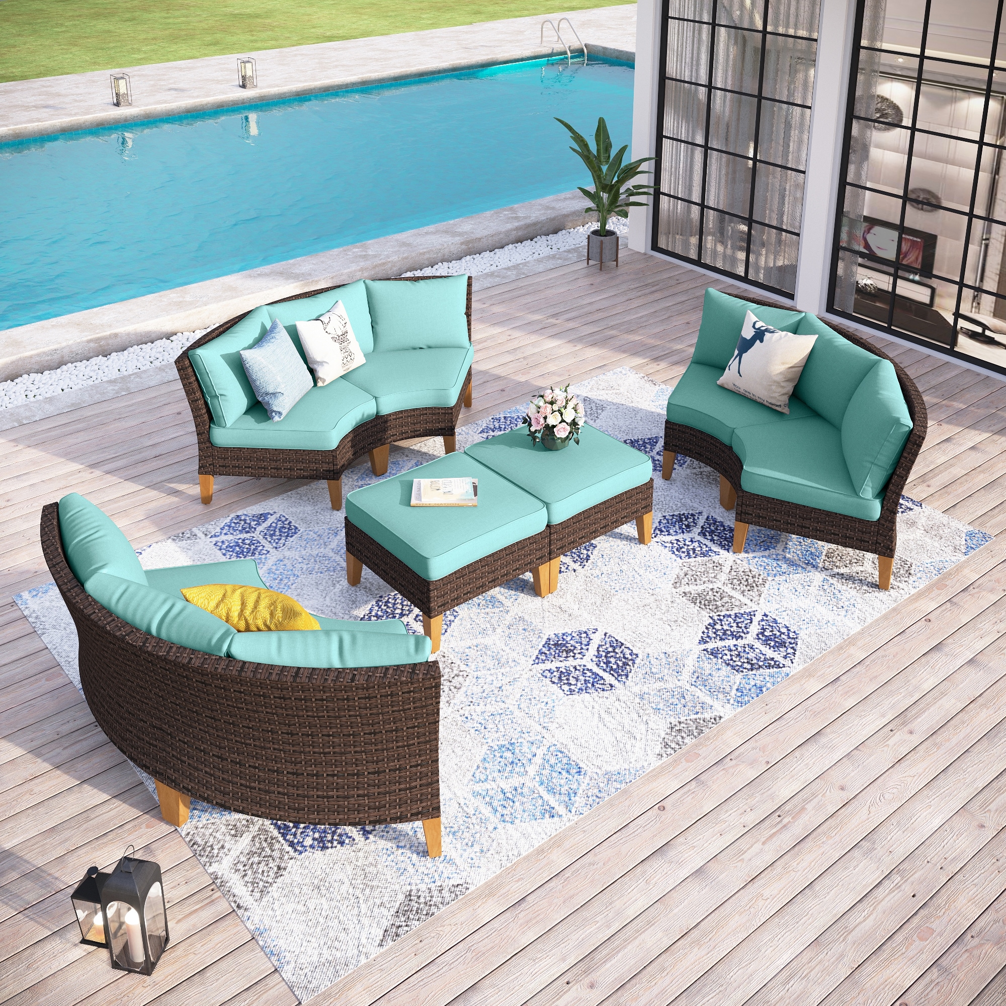 Sunshine Valley CR006-10-8-BU 5 -Piece Wicker 3 Patio Sofa Conversation Set with Blue CUSHION PRO Cushions