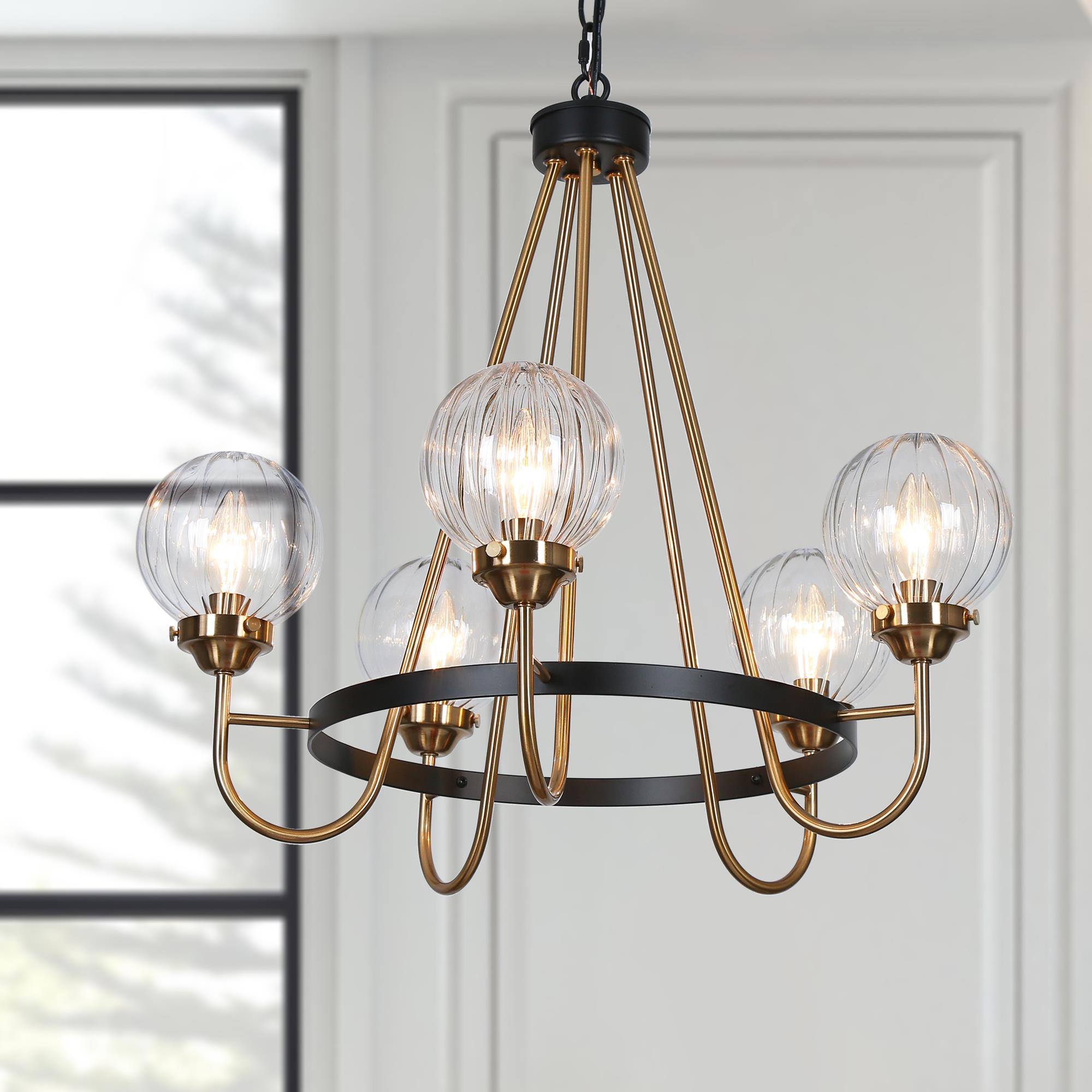 ZEVNI L3R3MAYAW20H5SG8 Elvia Modern 5 -Light Matte Brass Transitional For Use in Bedrooms, Dining Rooms, Foyers, Kitchens, Living Rooms Chandelier