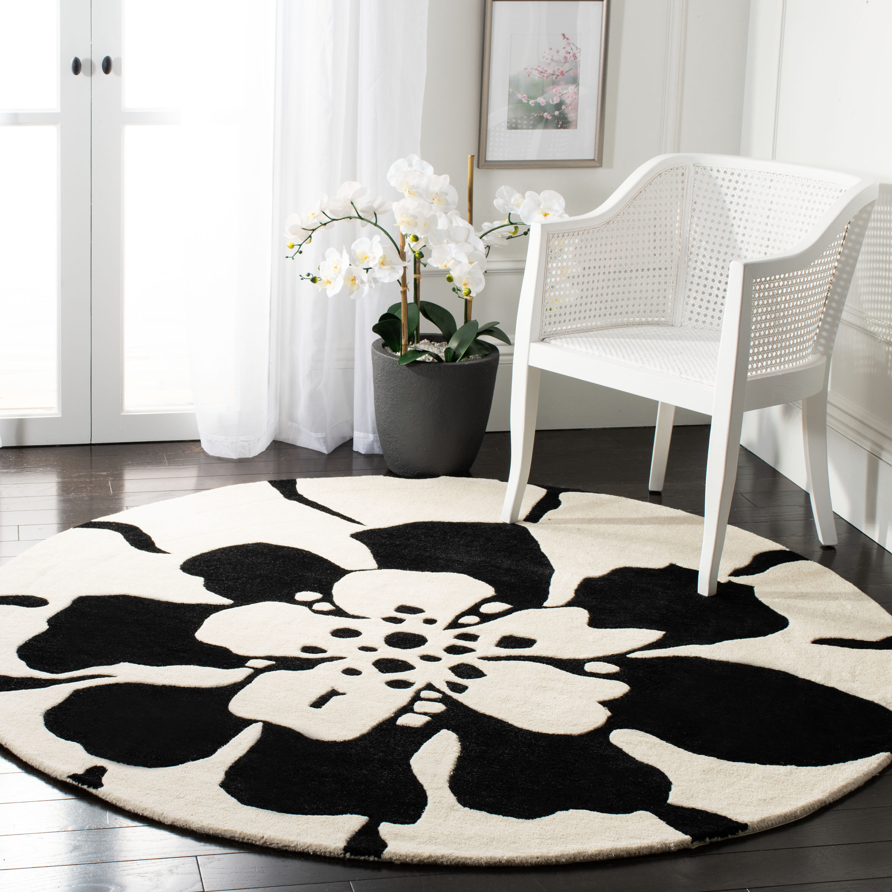  Soh730 Black/White Contemporary 6ft x 6ft Round Rug