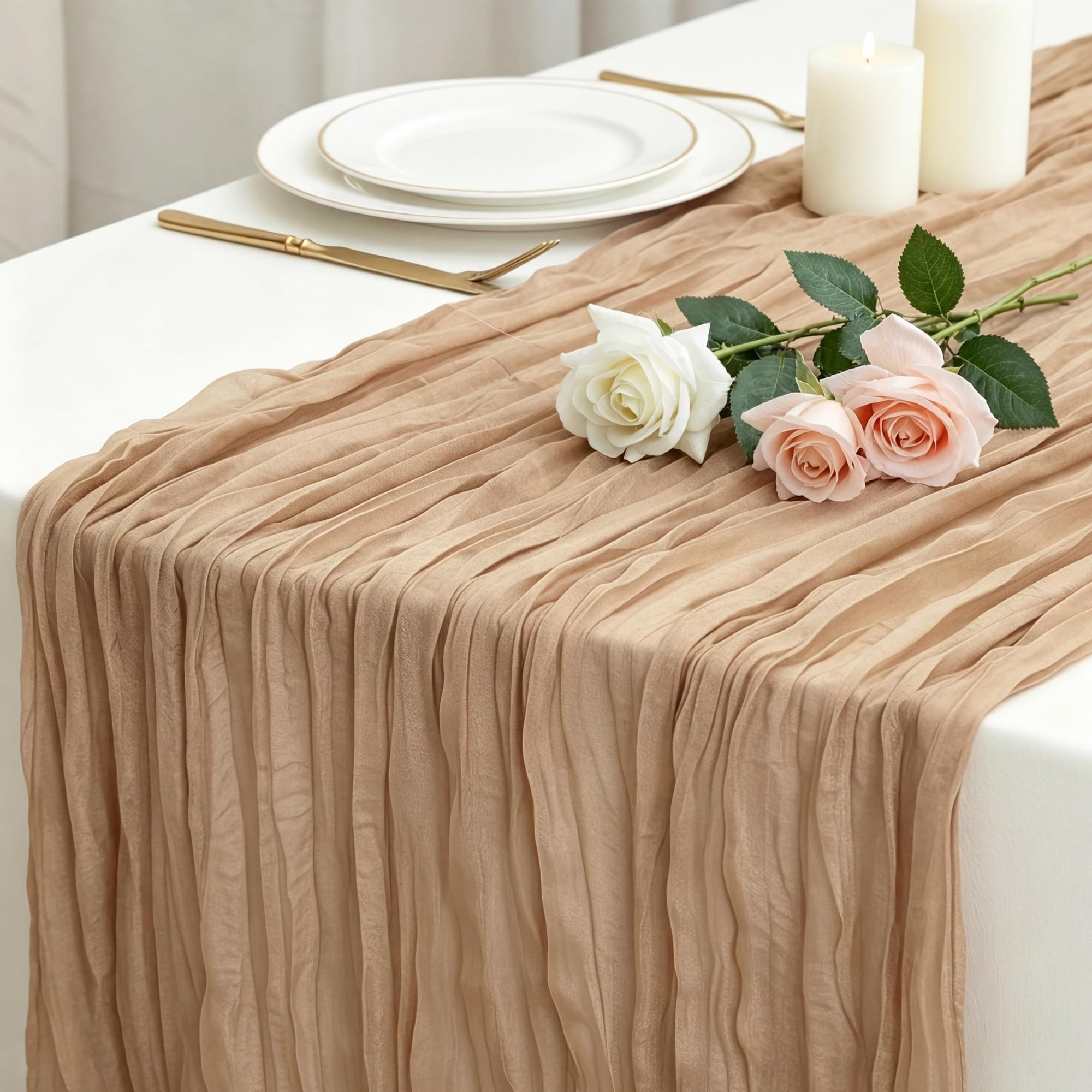 Phewnyzo  Nude Cheesecloth Table Runner 35 by 120 Inch 10 Foot Gauze Fabric for Wedding Boho and Retro Decoration durable home and garden