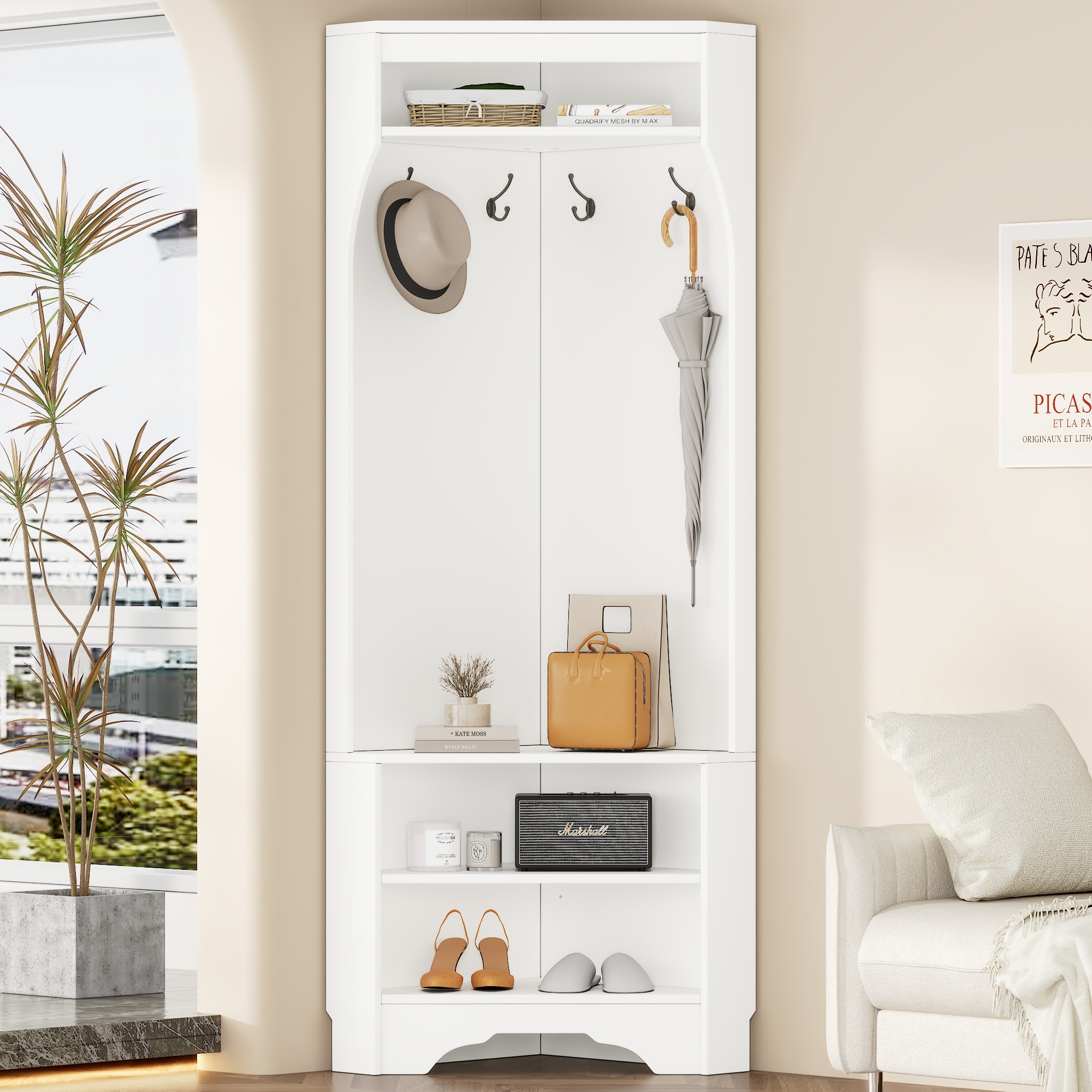 JANSNO HT-CR-54 Rustic 29.5 White Wood Hall Tree