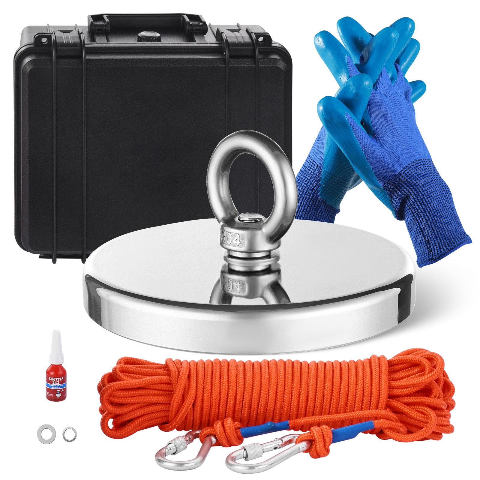 GIVIMO 2000-lb Single-Sided Fishing Magnet Kit Neodymium Recovery Magnet 5-35/100-in Dia with 65-ft Rope Carabiner Threadlocker Gloves PP Storage Case for River Lake Pond Treasure Hunting #LW102GIVSS0934