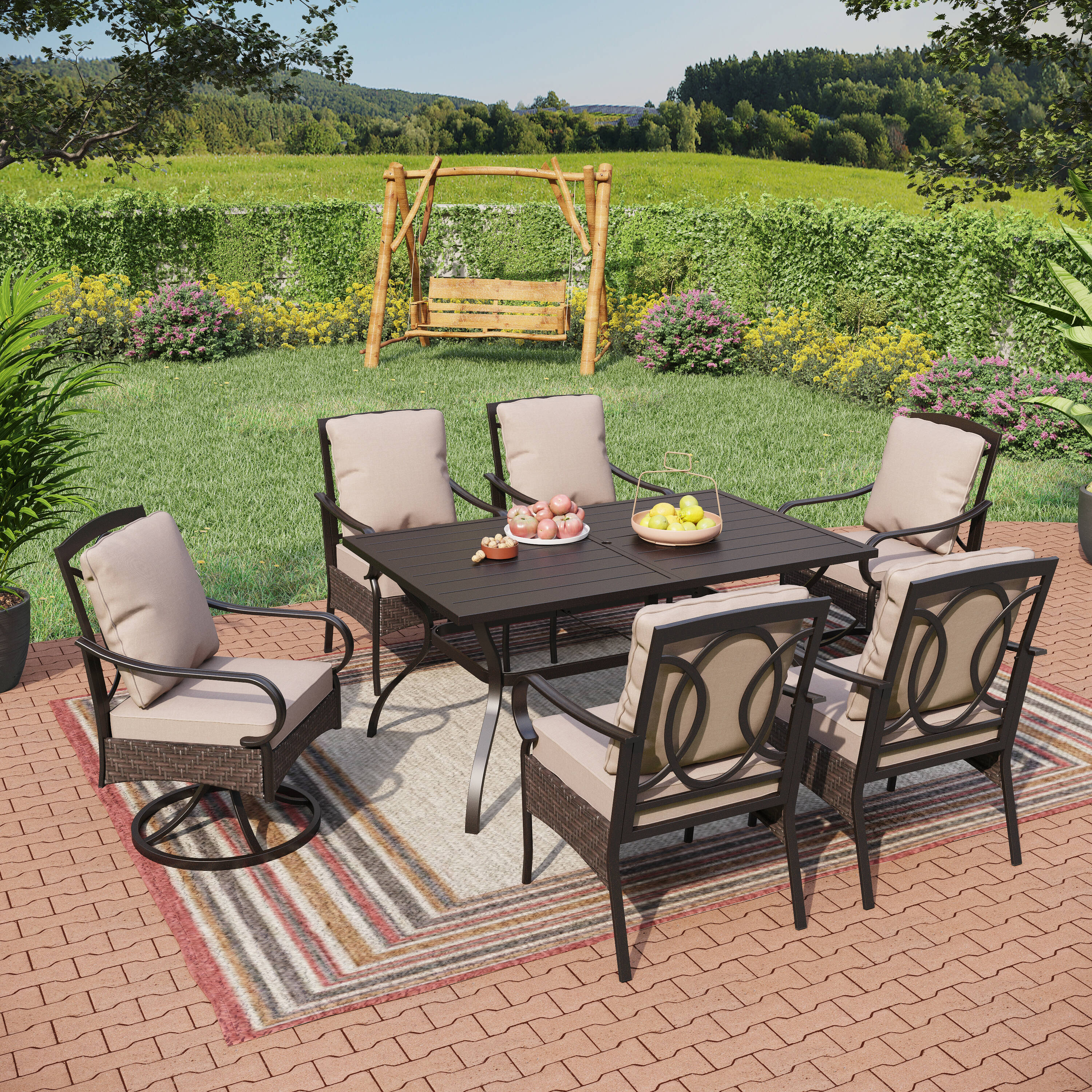 Sunshine Valley TC7-416-326 7 -Piece Black Rattan Patio Dining Set Steel Rectangle Table with 6 Tan Cushions Stationary Chairs